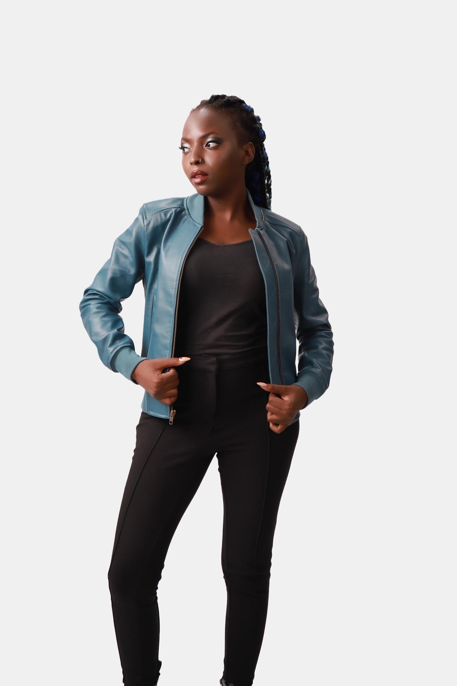 Ariel Steel Blue Leather Bomber Jacket For Women