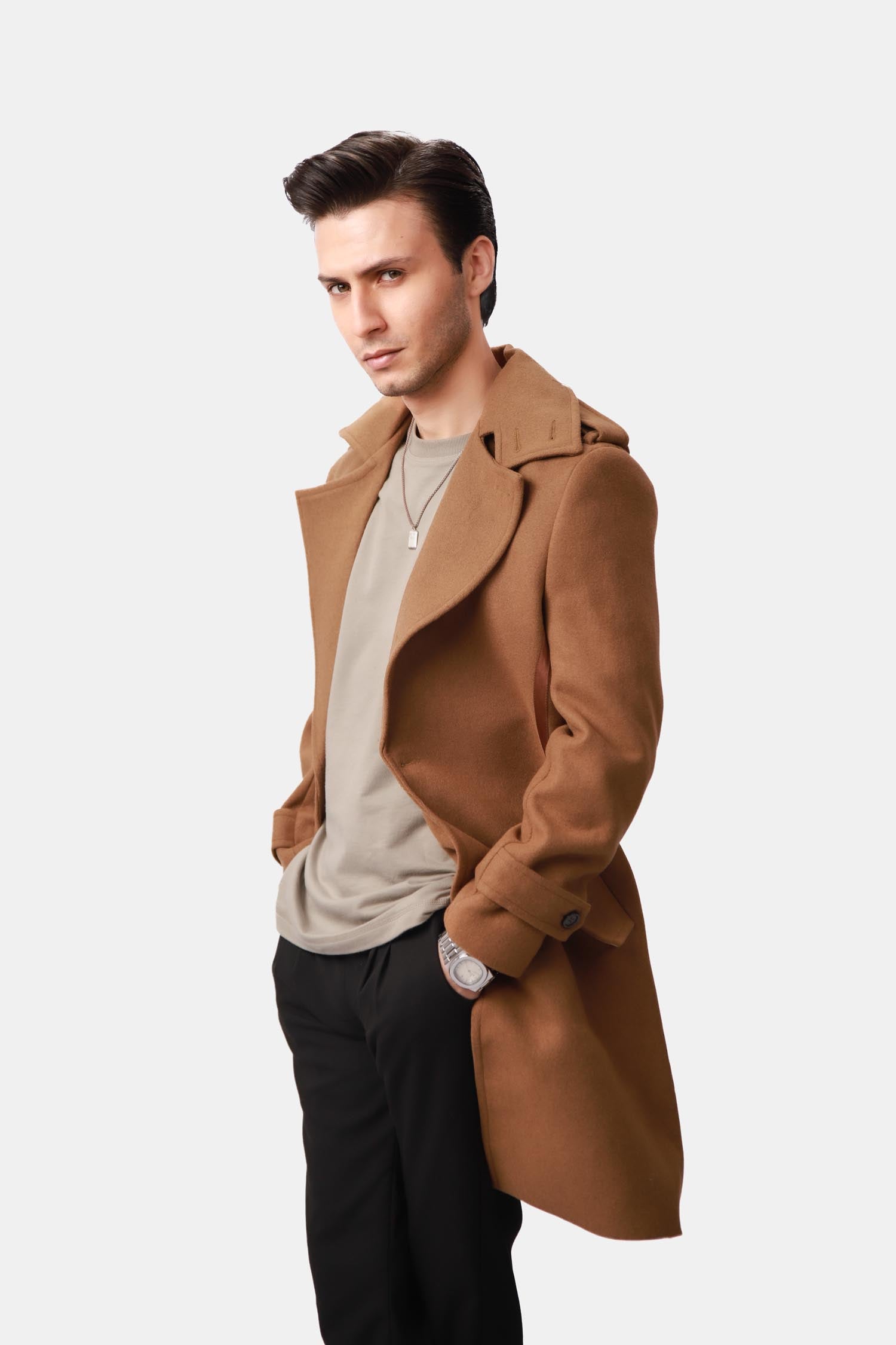 Men's Single Breasted Wool Trench Coat - Tan Wool Trench Coat For Men - Long Winter Coat For Man