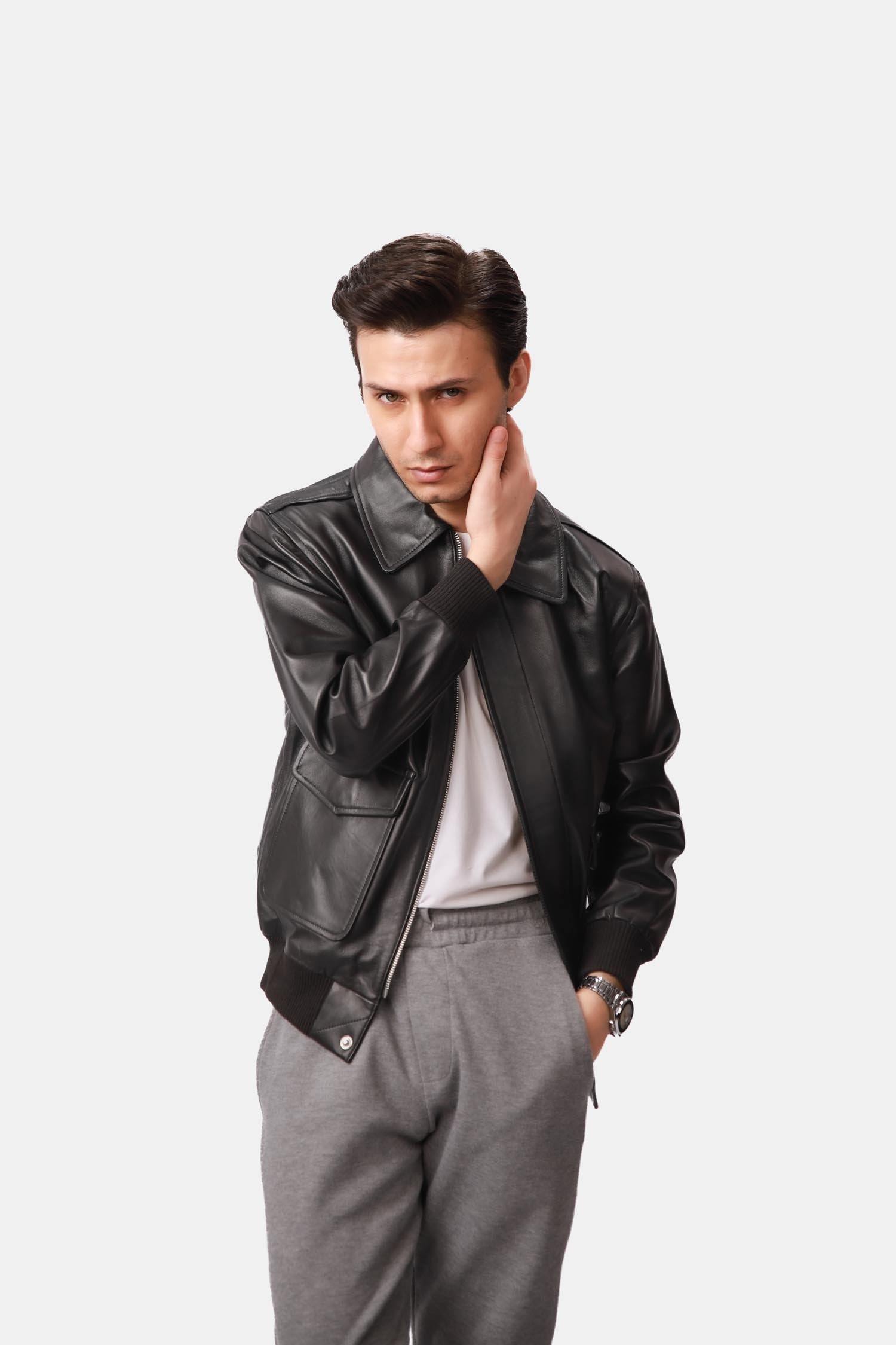 Black Leather Bomber Jacket