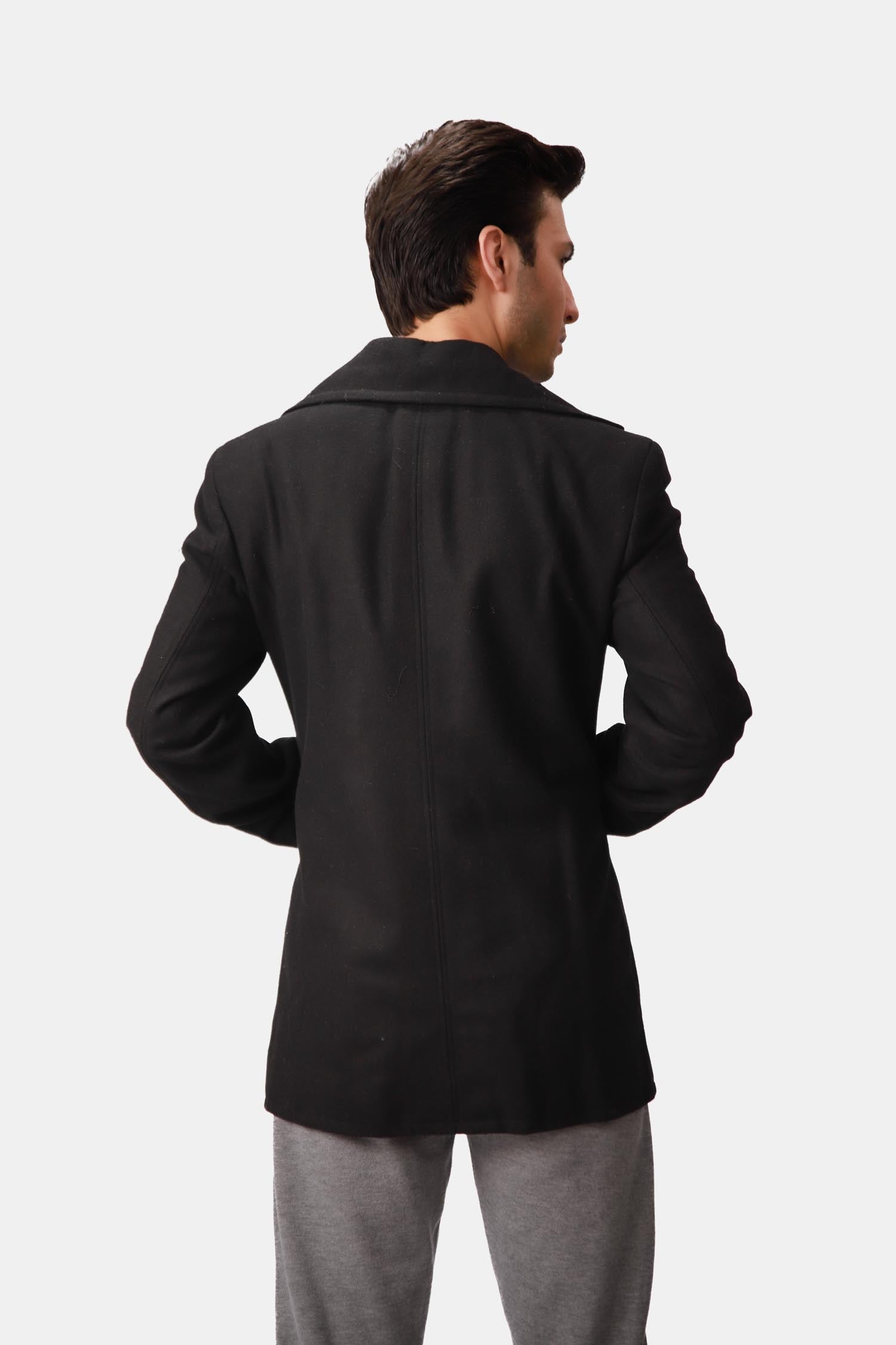 Bestowed Black Double-Breasted Wool Pea coat For Men