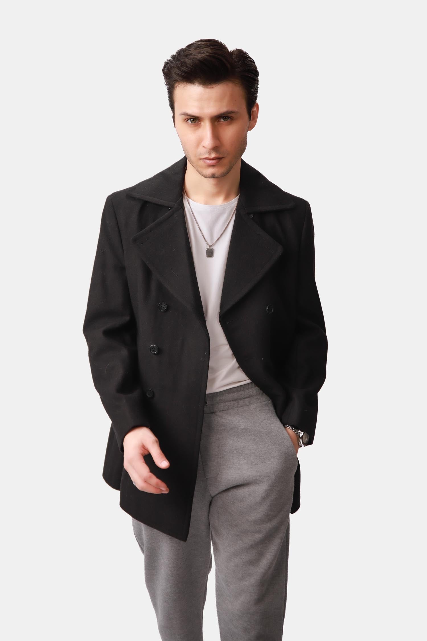  Black Double-Breasted Wool Peacoat