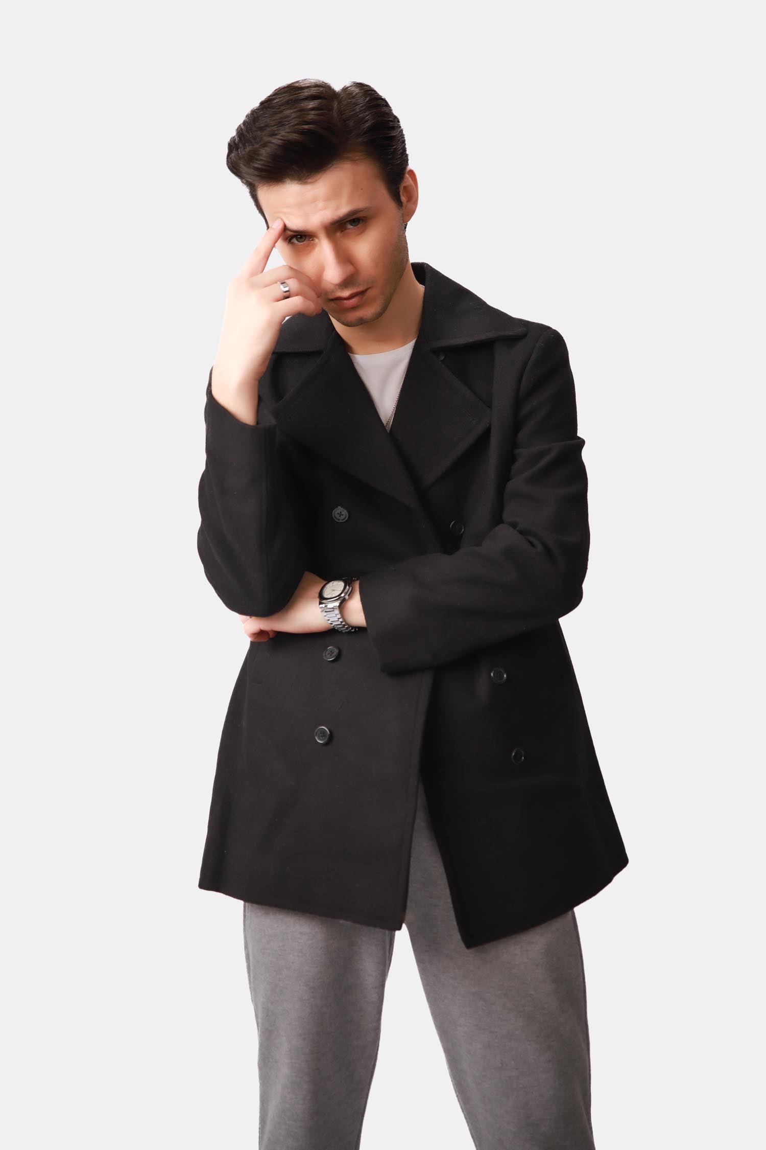  Black Double-Breasted Wool Peacoat