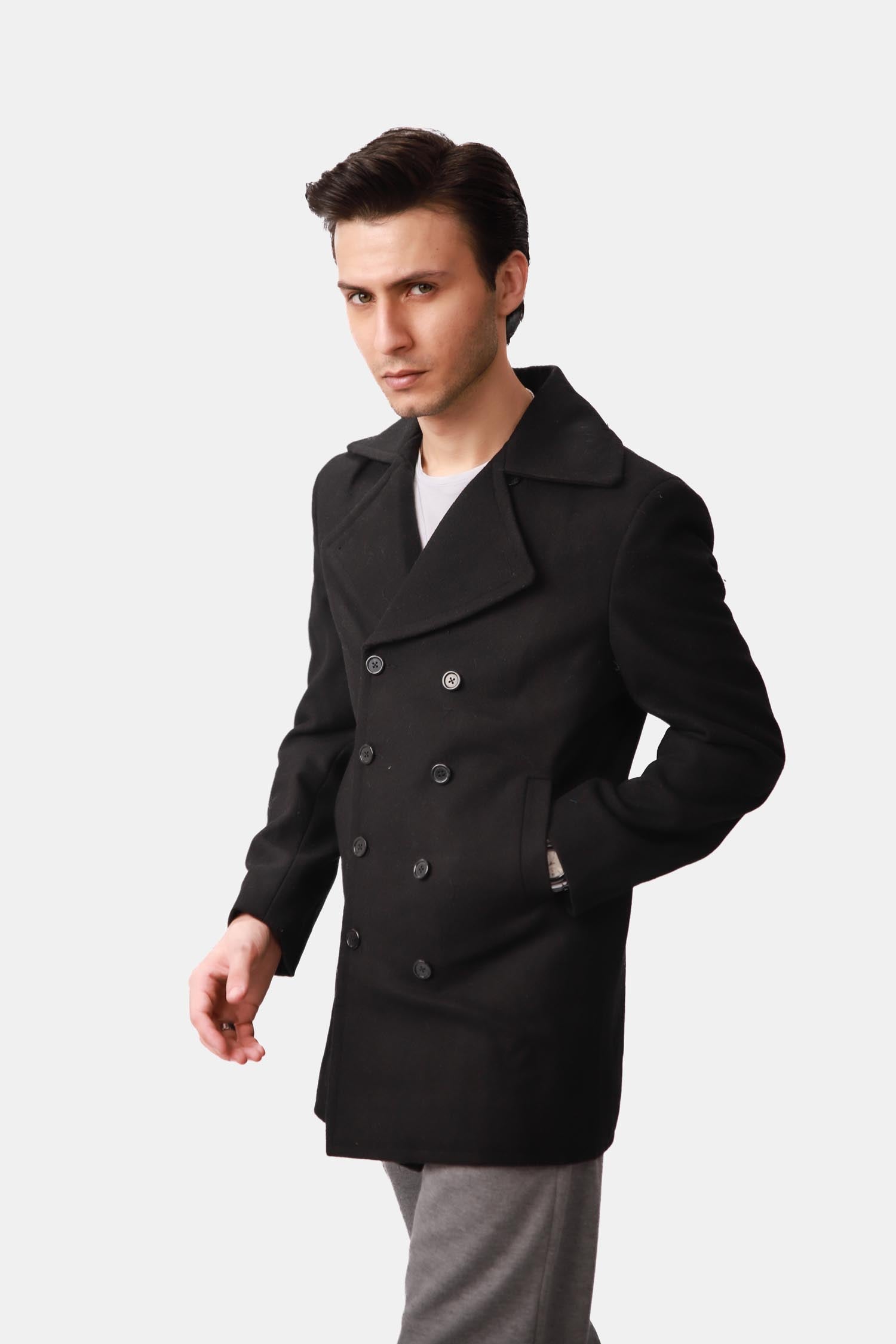 Black Double-Breasted Wool Peacoat