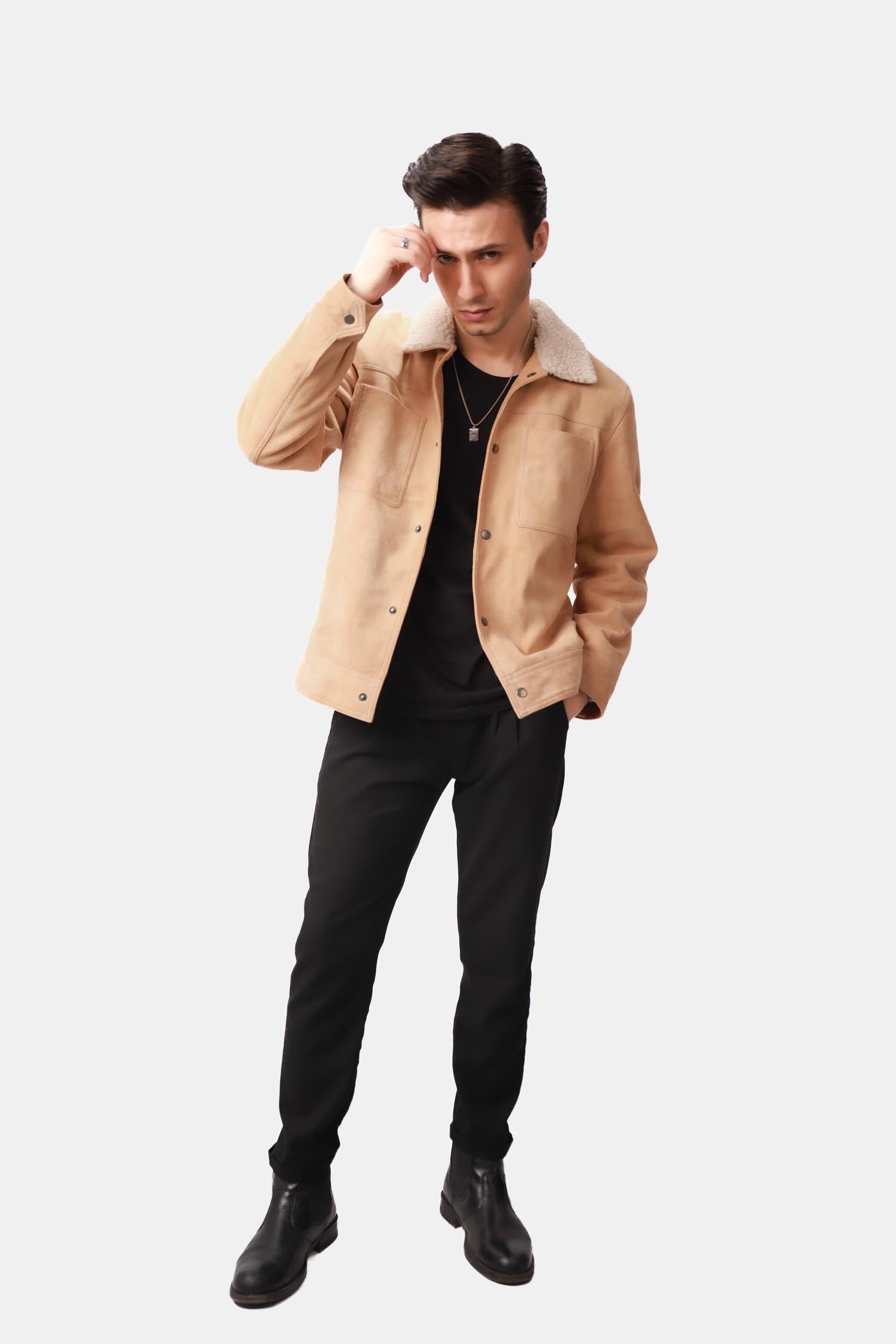 Beige Suede Leather Trucker Jacket