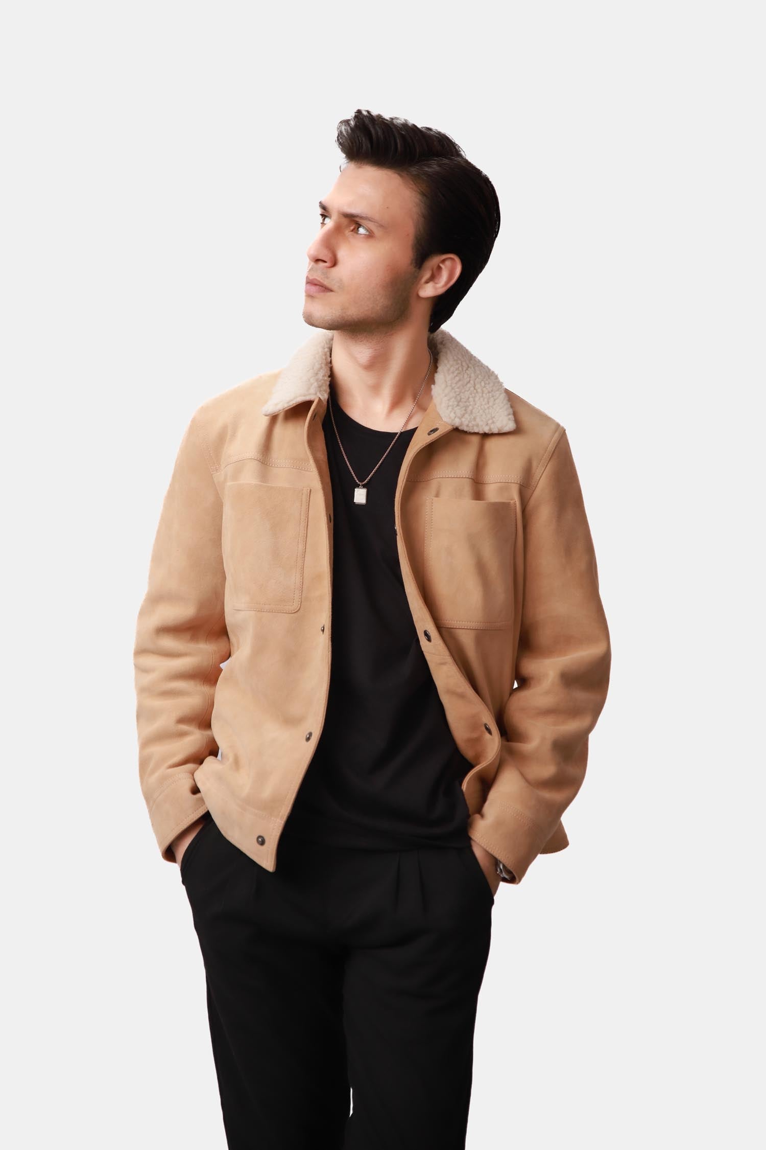 Beige Suede Leather Trucker Jacket