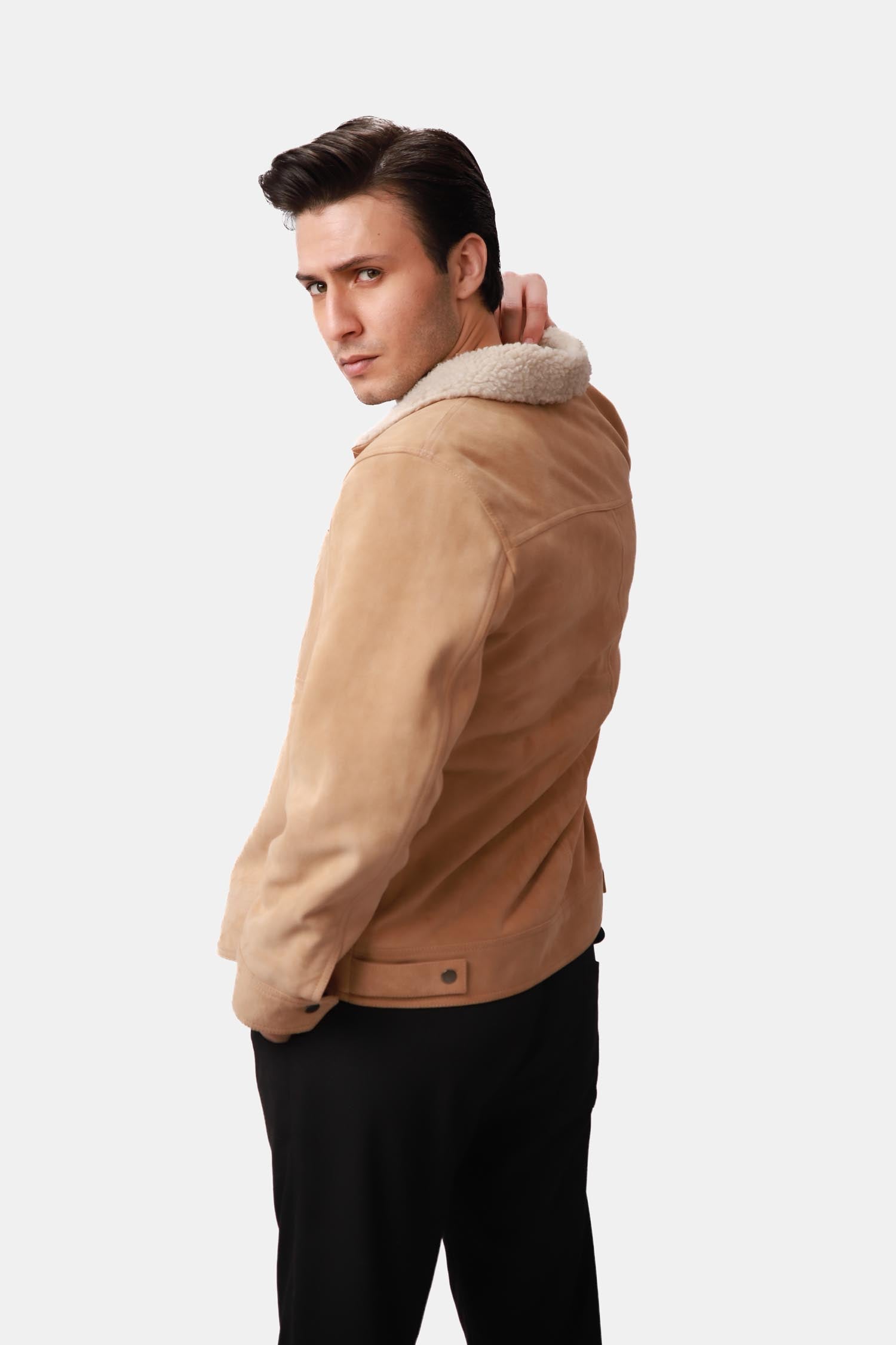 Beige Suede Leather Trucker Jacket