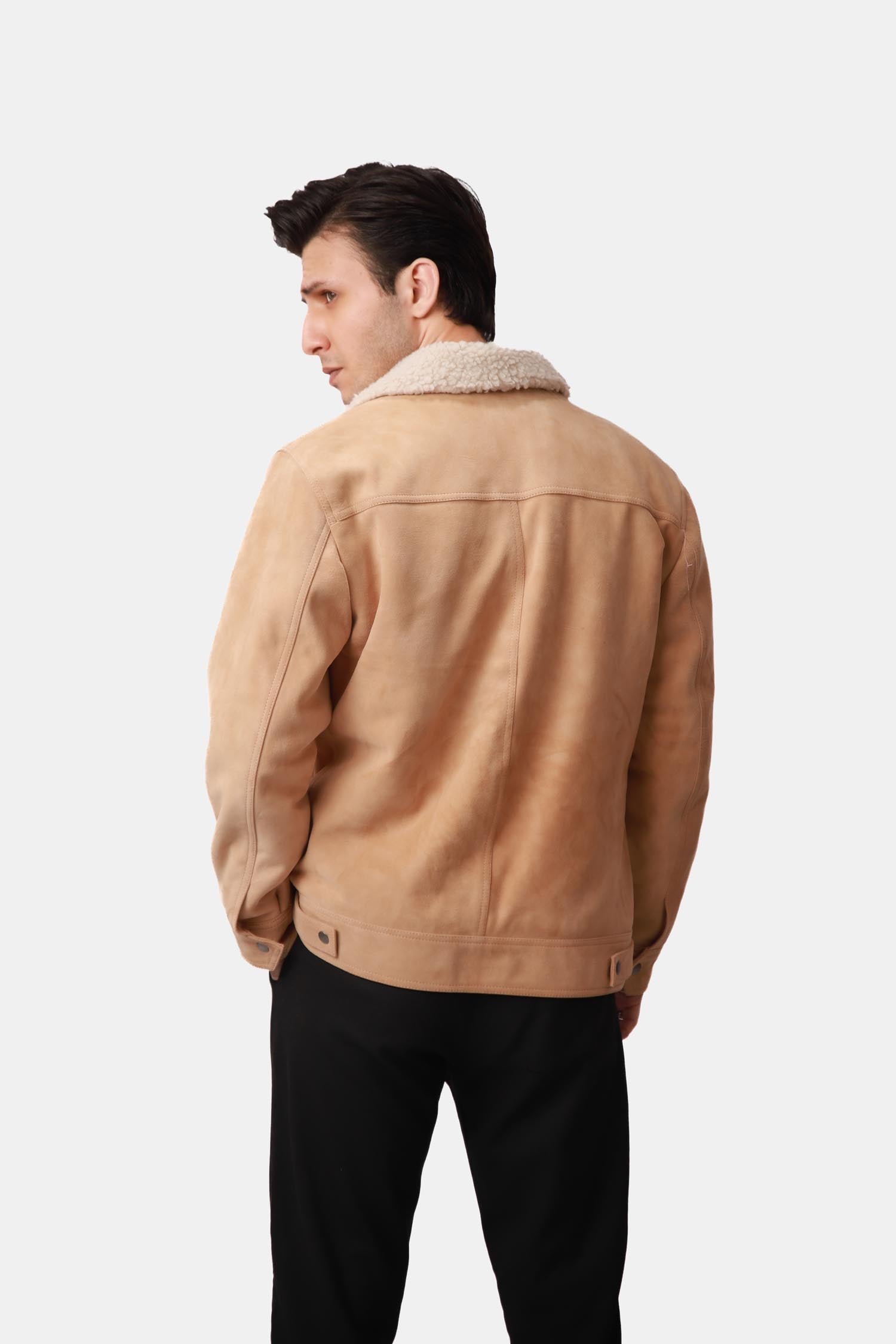 Beige Suede Leather Trucker Jacket