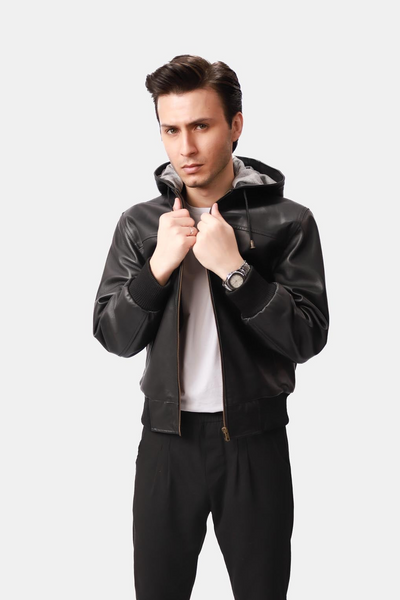 Black Hooded Bomber Leather Jacket
