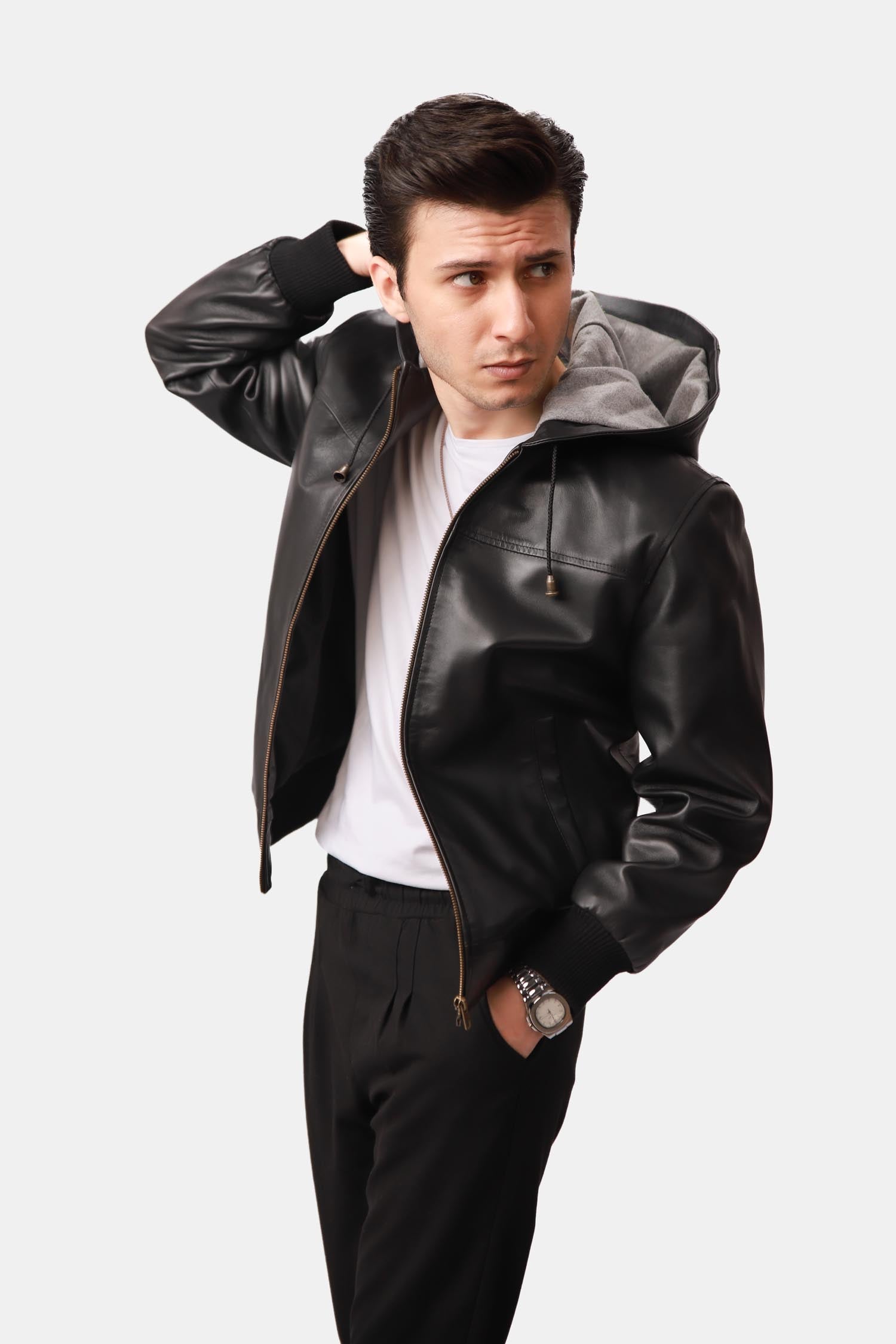 Blazing Black Hooded Bomber Leather Jacket For Men