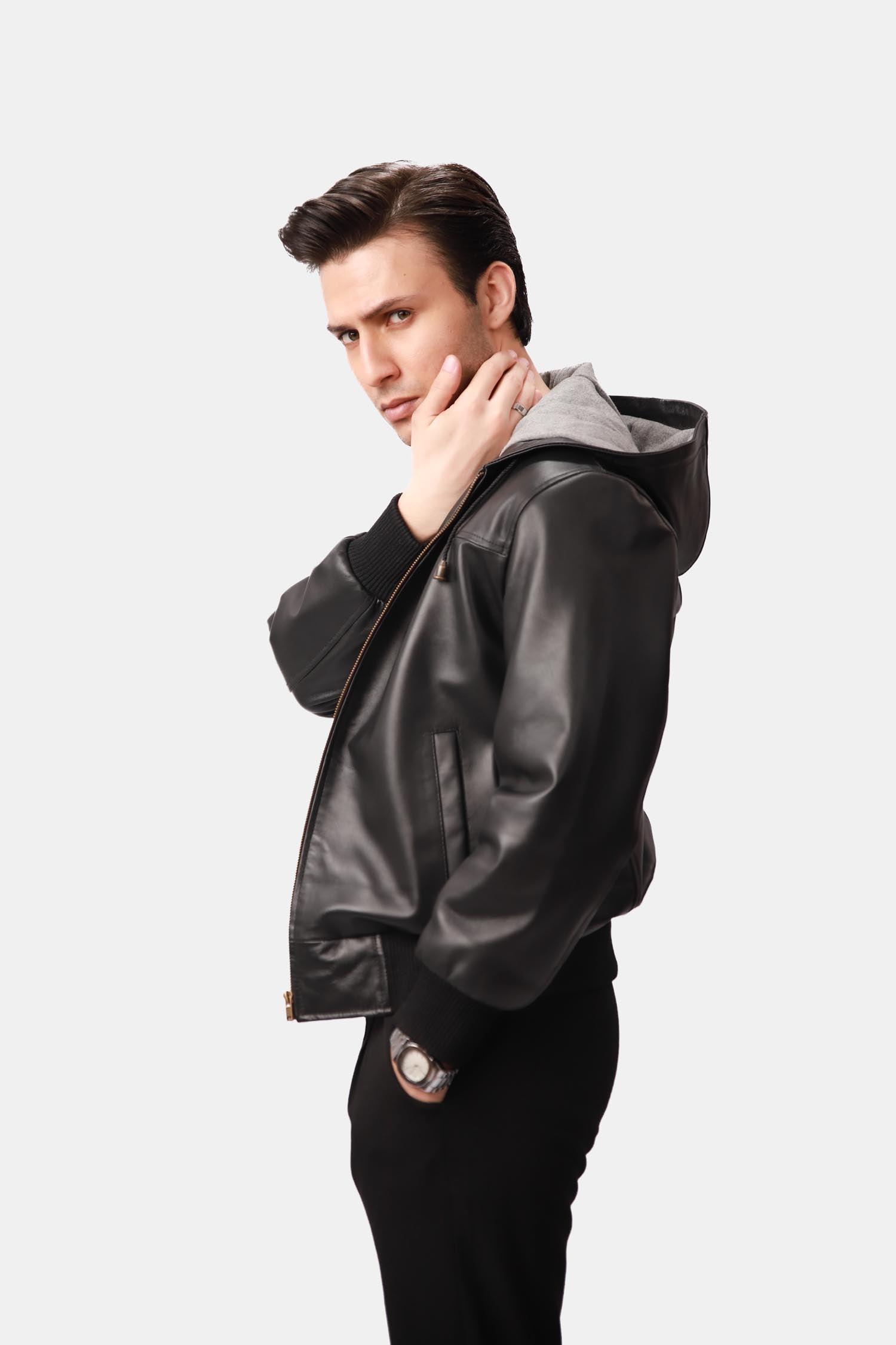 Black Hooded Bomber Leather Jacket