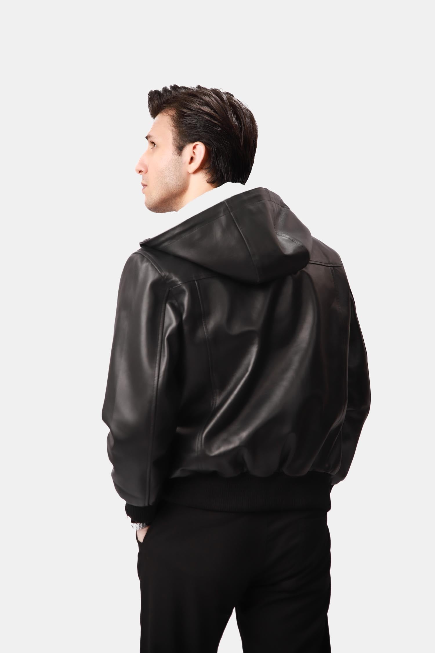 Black Hooded Bomber Leather Jacket