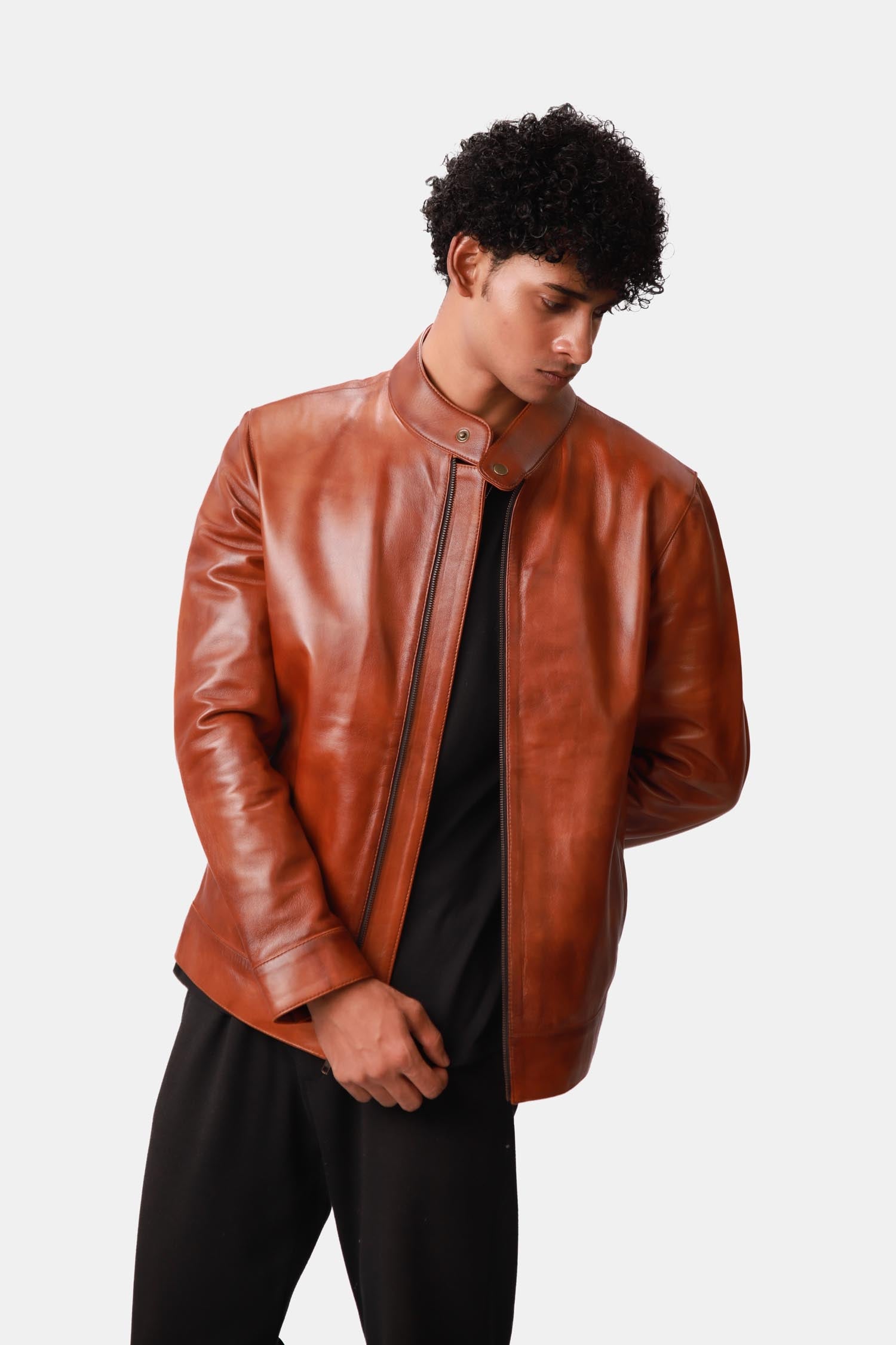 Reddish Brown Leather Biker Jacket