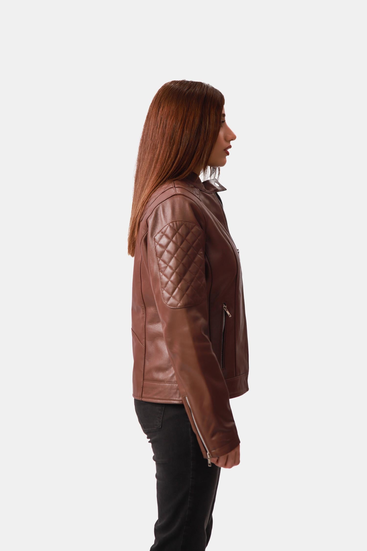 Brown Quilted Leather Biker Jacket 