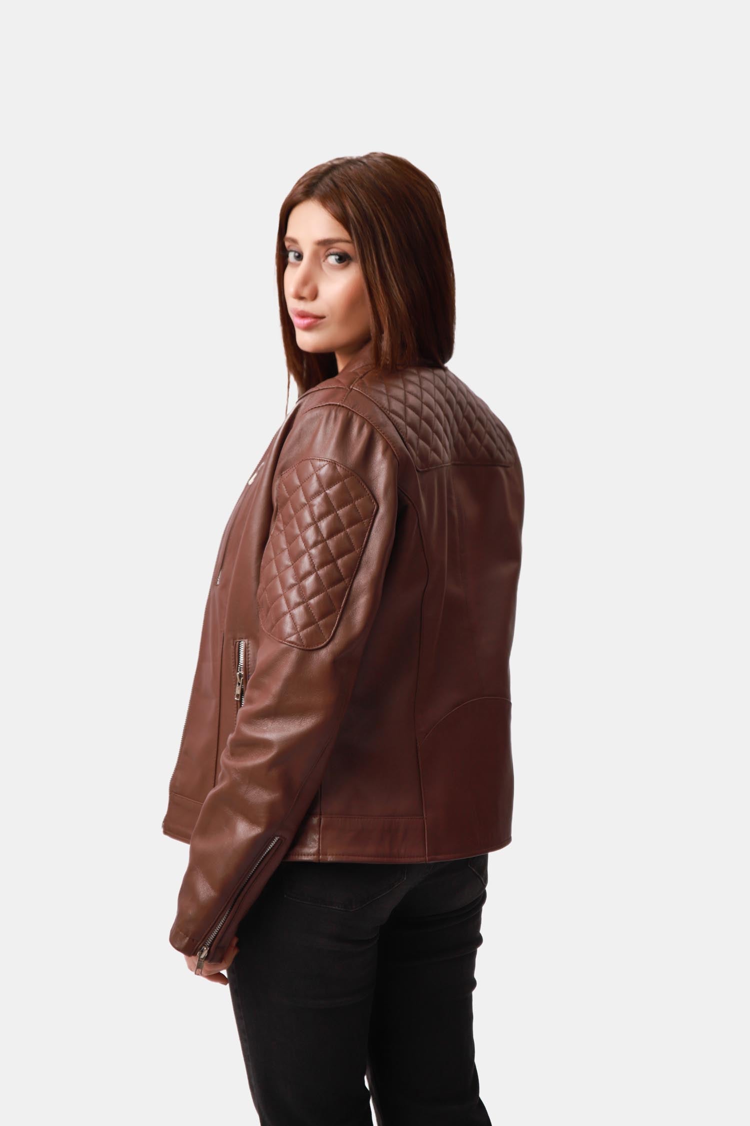 Brown Quilted Leather Biker Jacket 