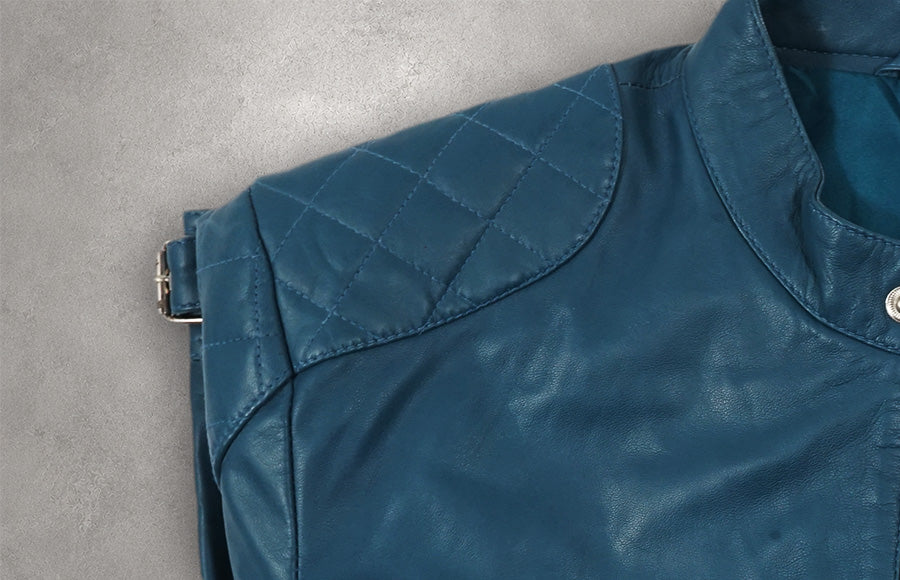 Mens Crystal Teal Blue Cafe Racer Leather Jacket