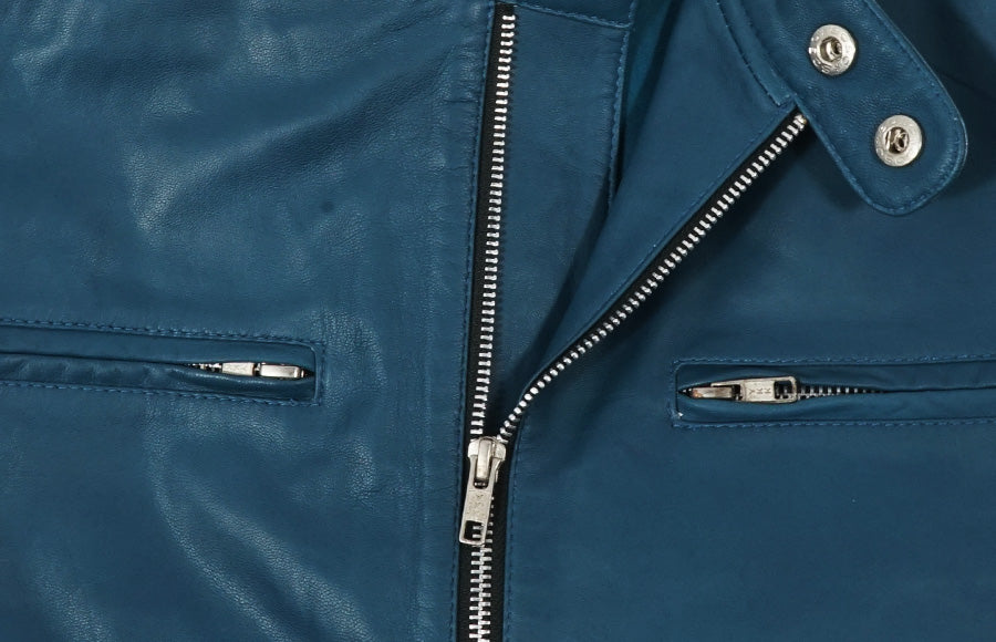 Mens Crystal Teal Blue Cafe Racer Leather Jacket