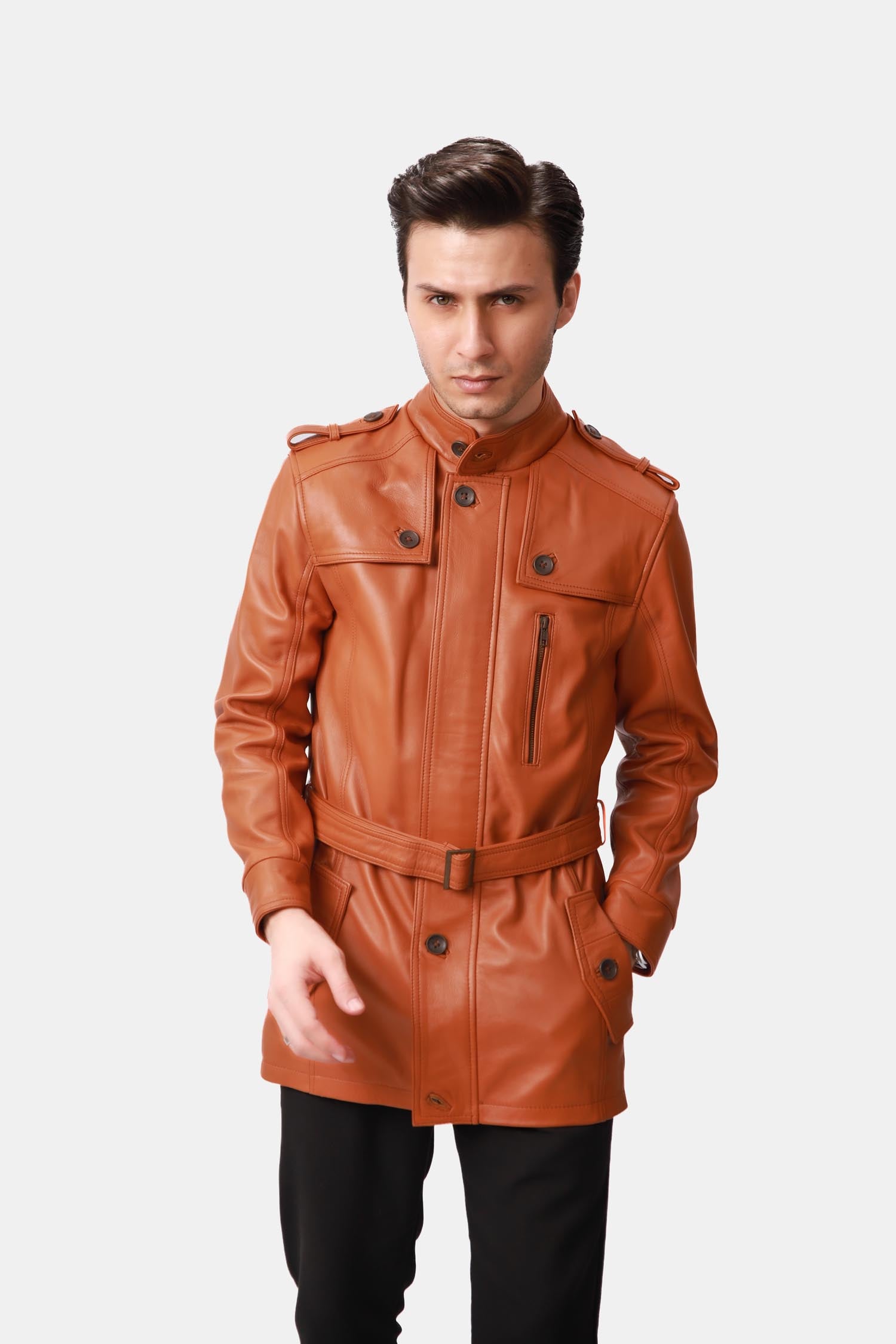 Tan Brown Leather Trench Coat