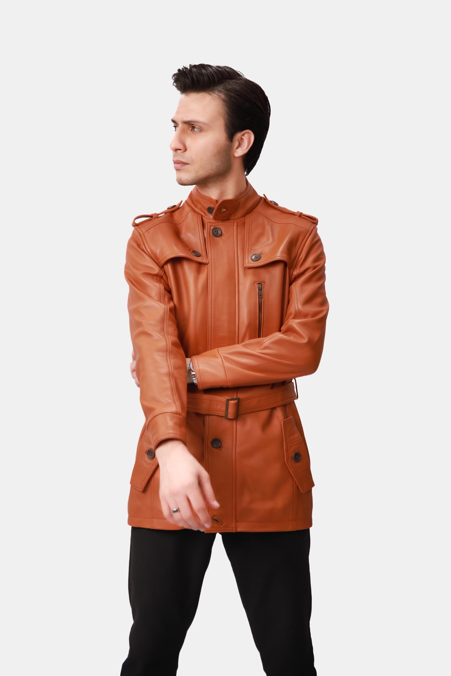 Tan Brown Leather Trench Coat