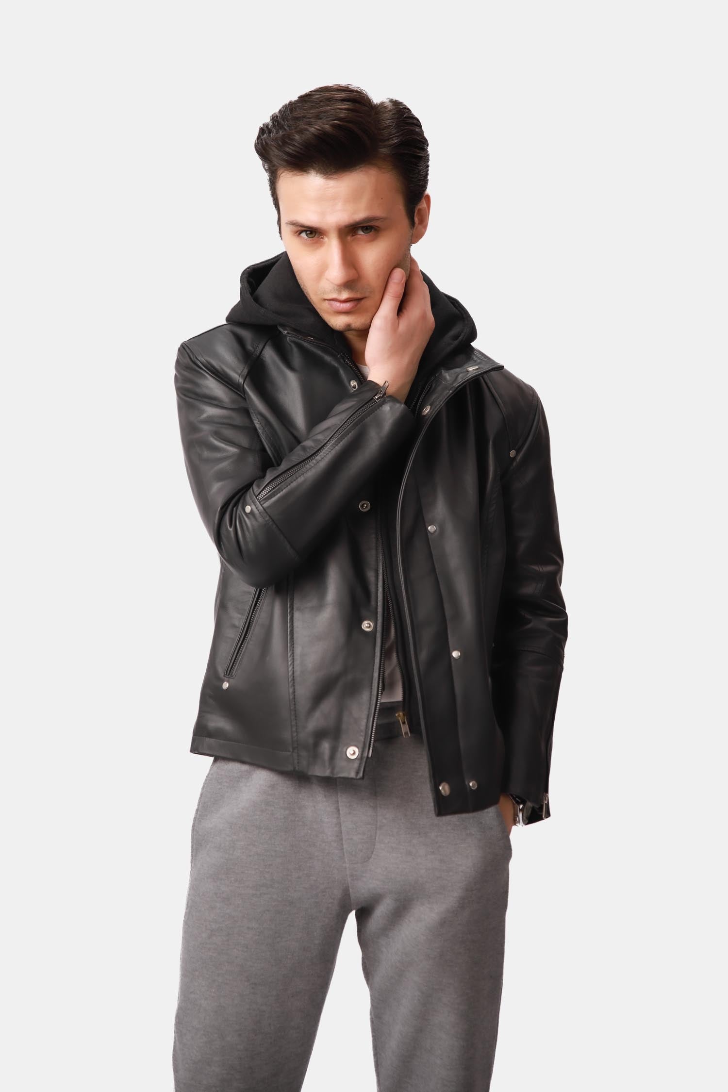 Coalspire Black Leather Double-layered Hooded Jacket For Men