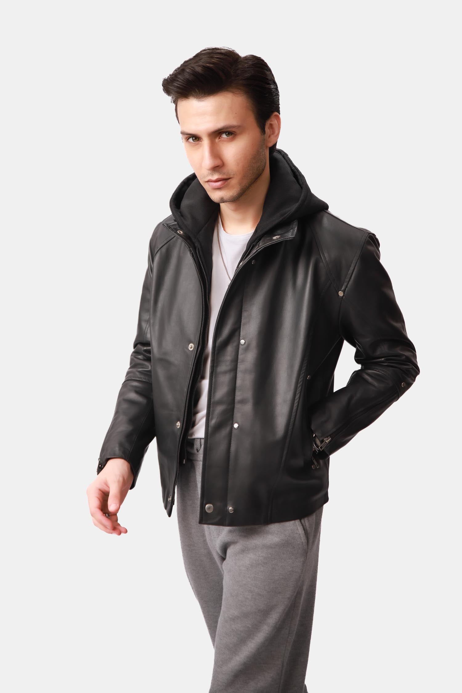 Mens Black Leather Double-layered Hooded Jacket