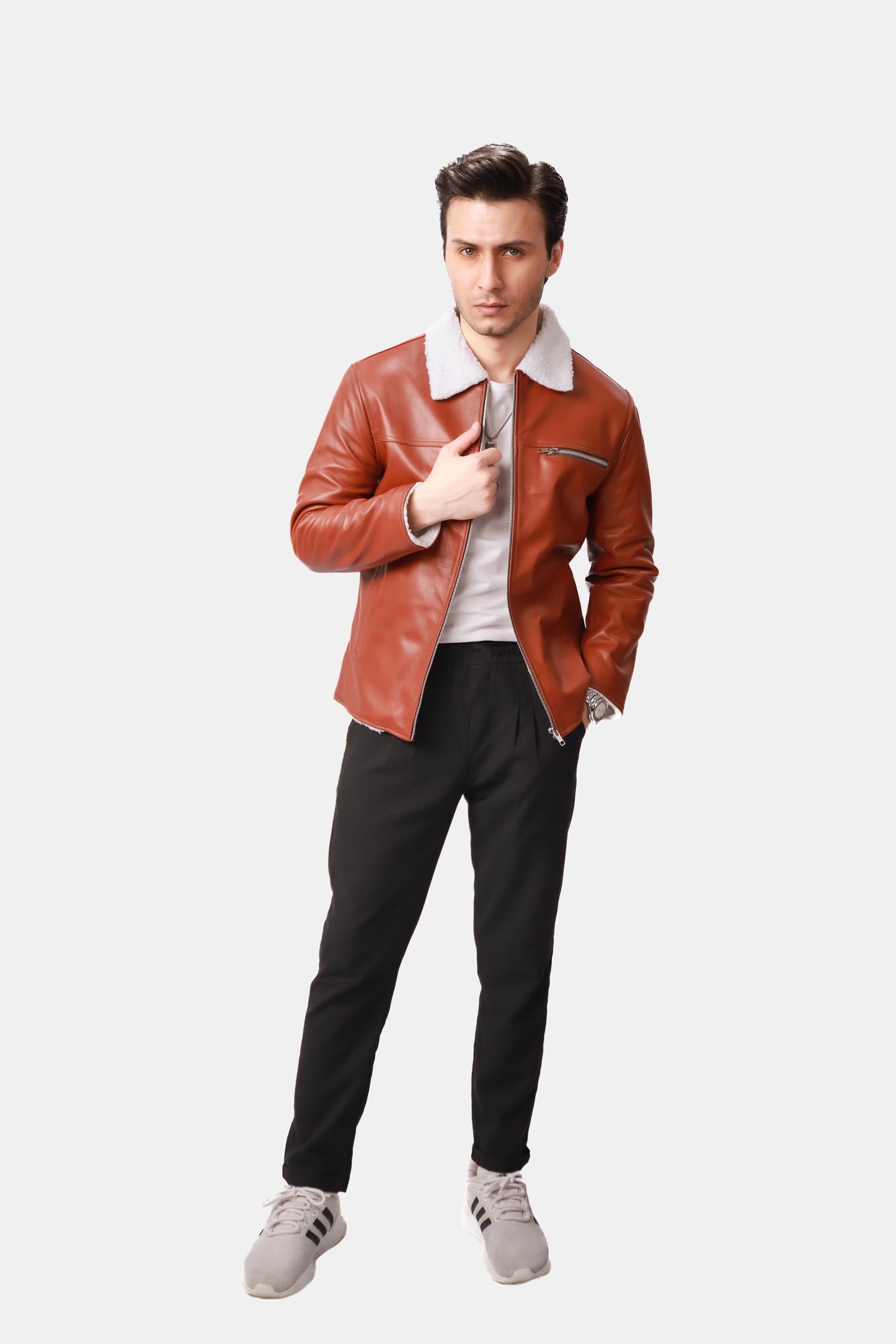 Combat Cognac brown Sherpa Fur Leather Biker Jacket For Men