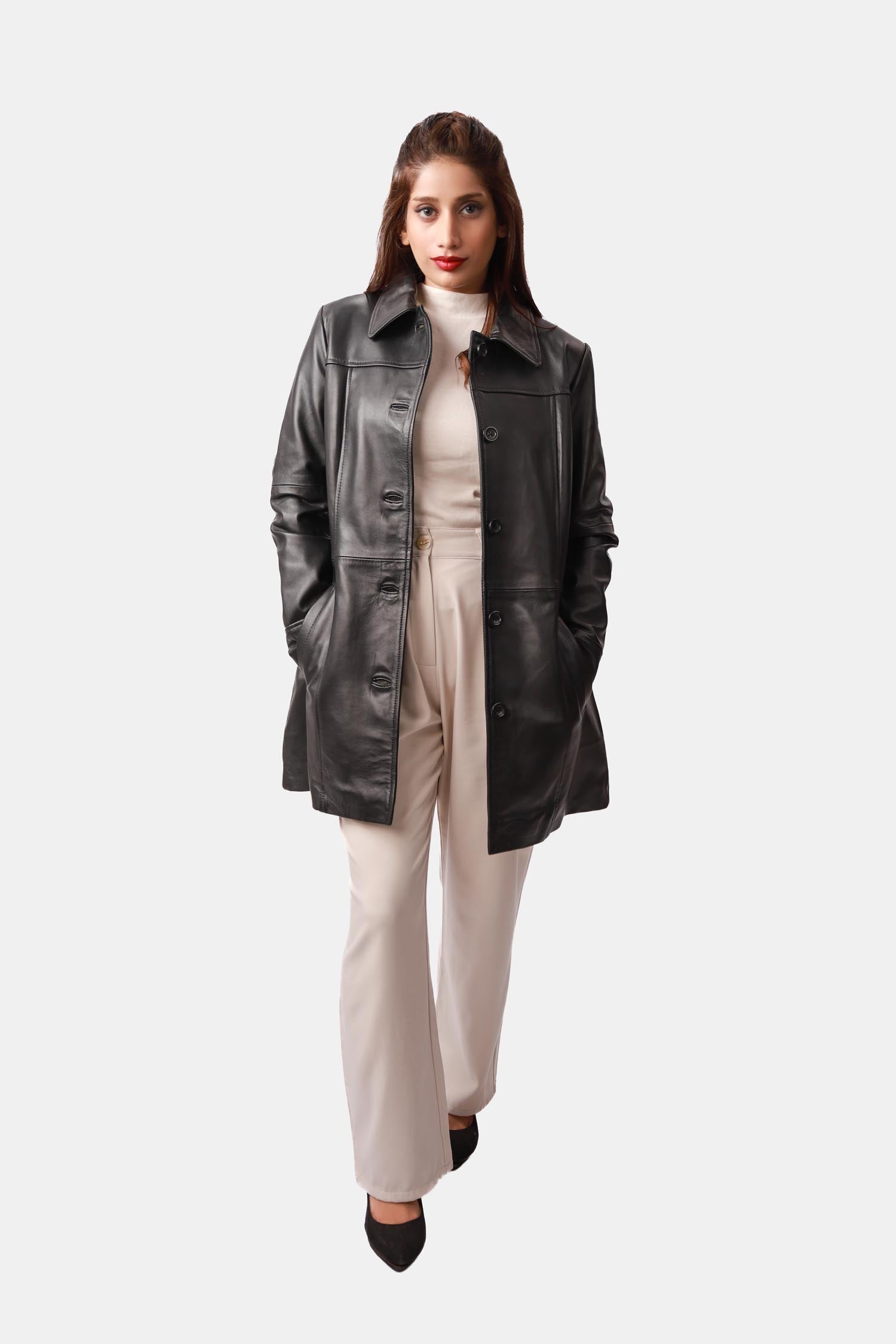 Womens Dawntime Black Leather Car Coat - Havrenn & Co.
