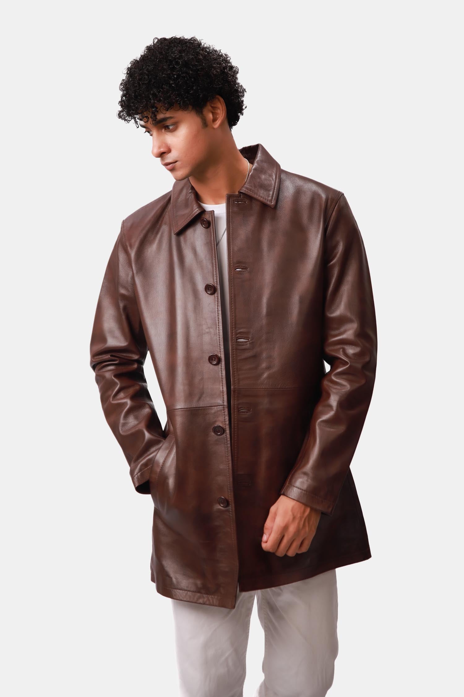 Dark Brown Leather Pea Coat