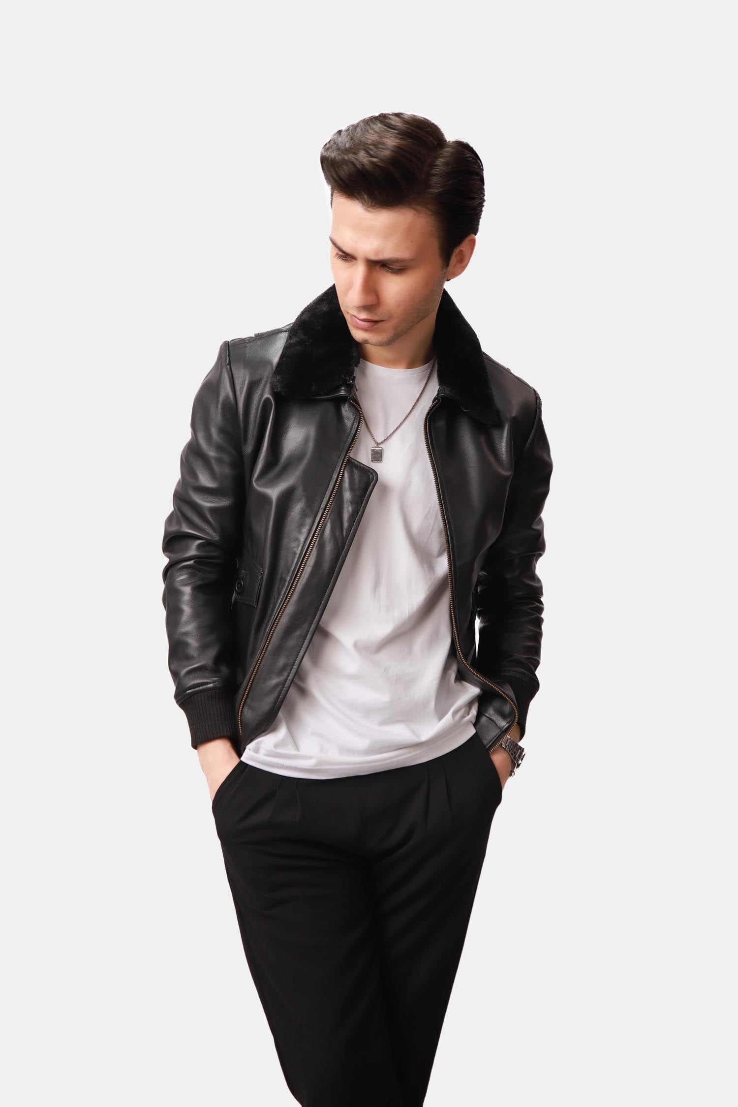 Dominus G-1 Flight Bomber Black Leather Jacket For Men