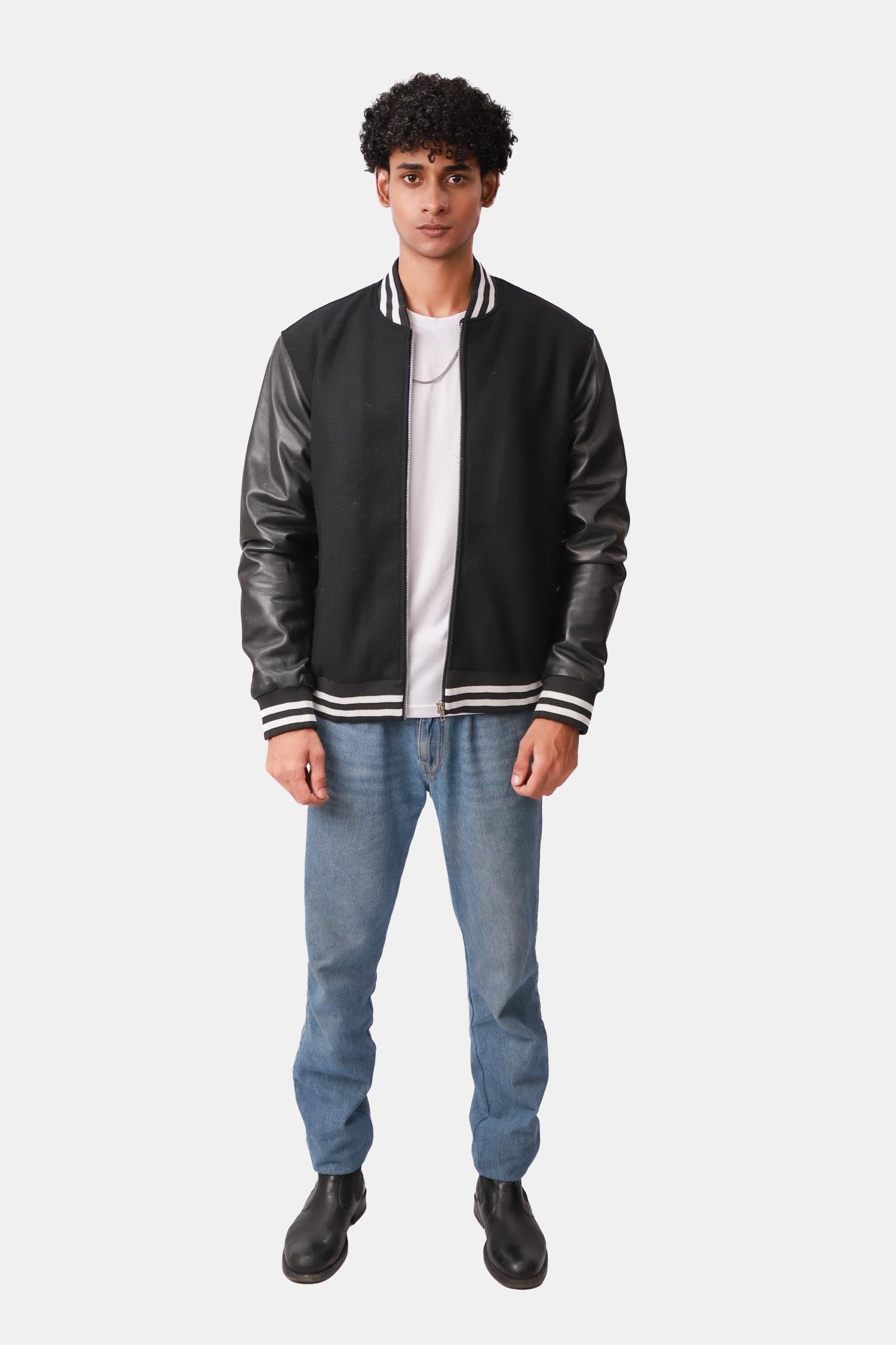 Drift Black Varsity Wool leather Sleeve Jacket For Men