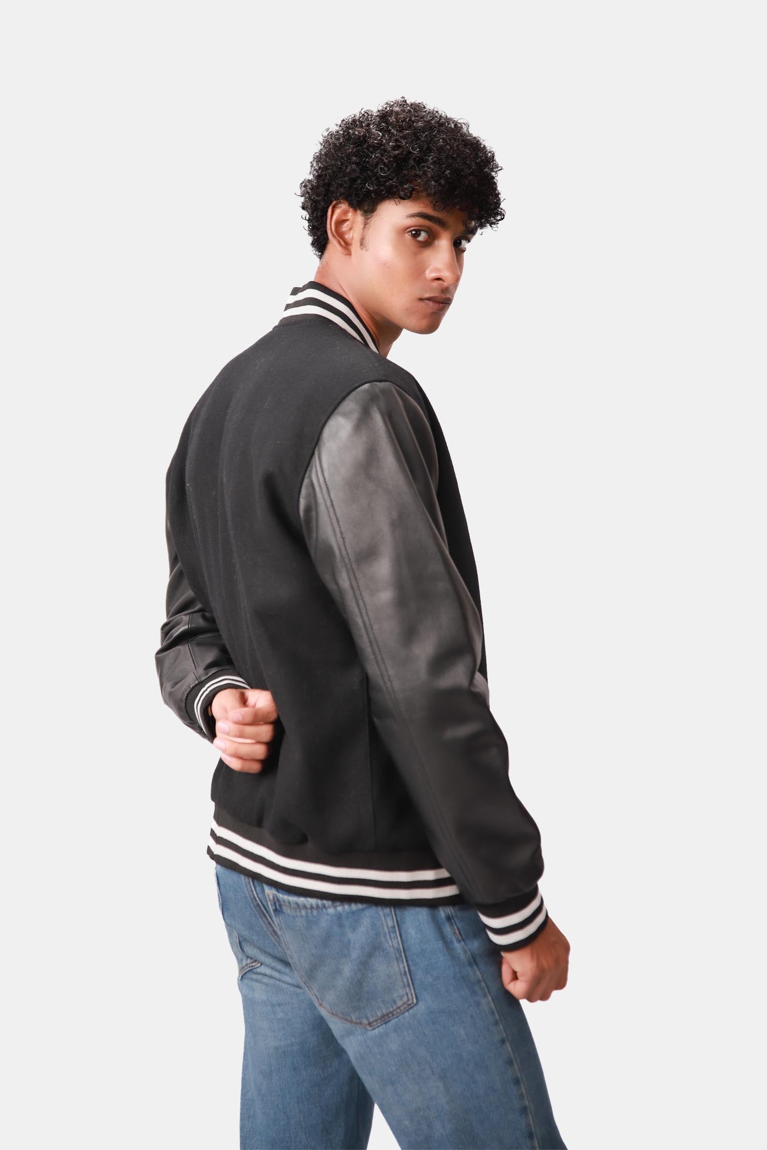 Drift Black Varsity Wool leather Sleeve Jacket For Men