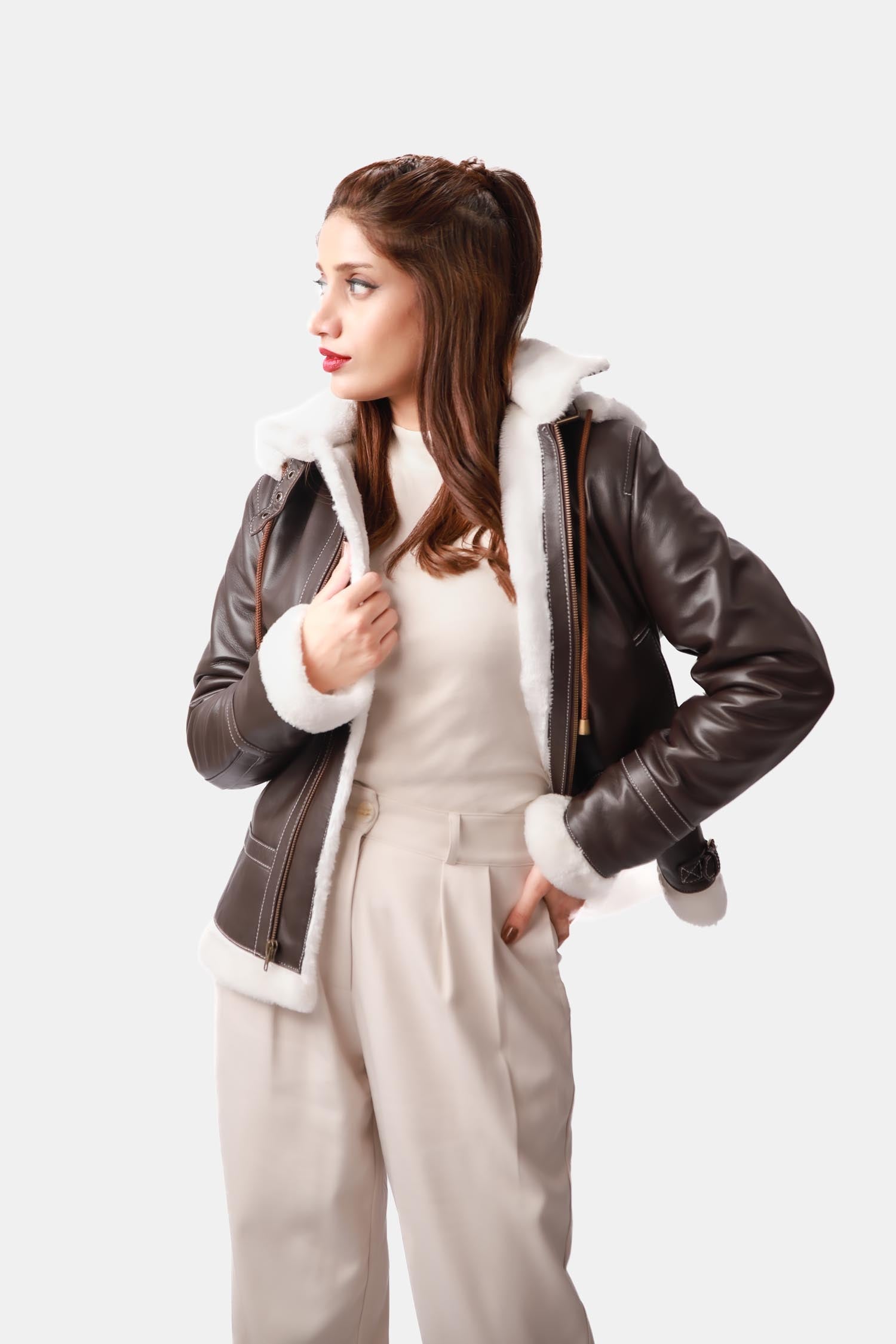 Emberly Dark Brown B3 Bomber Hooded Leather Jacket For Women