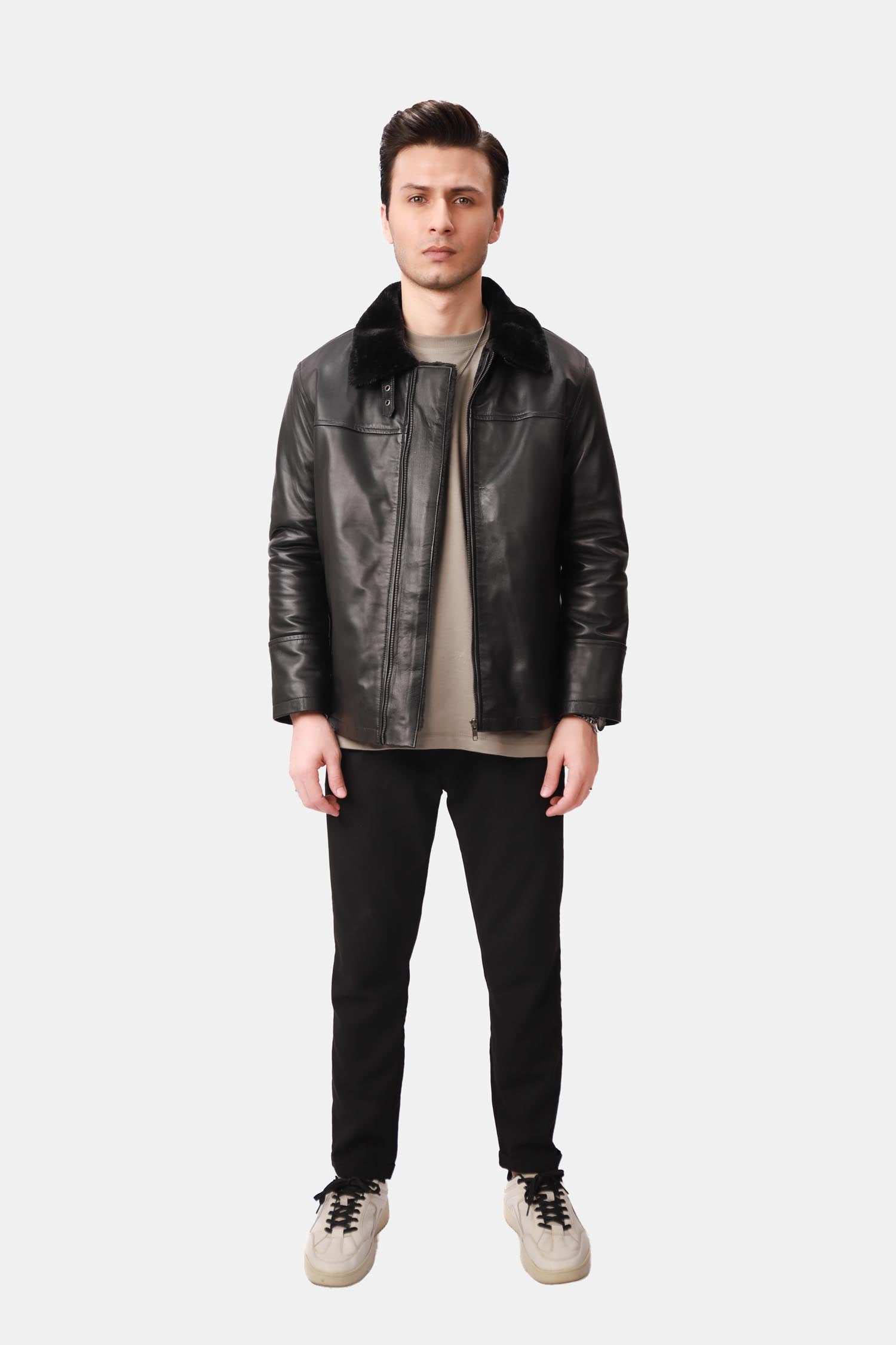 Black Shearling Aviator Leather Jacket