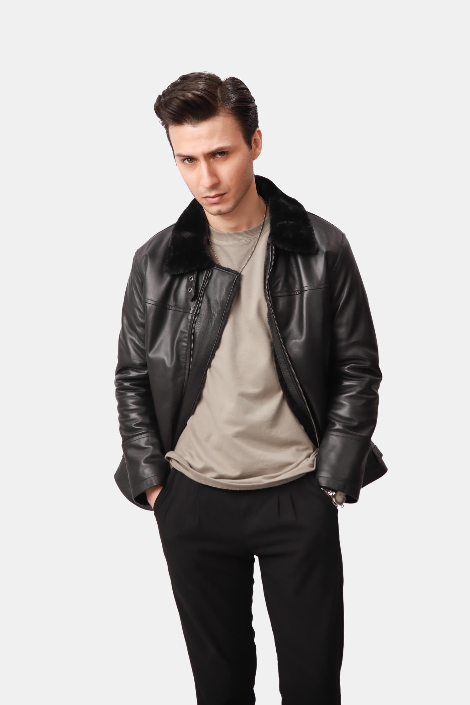 Black Shearling Aviator Leather Jacket