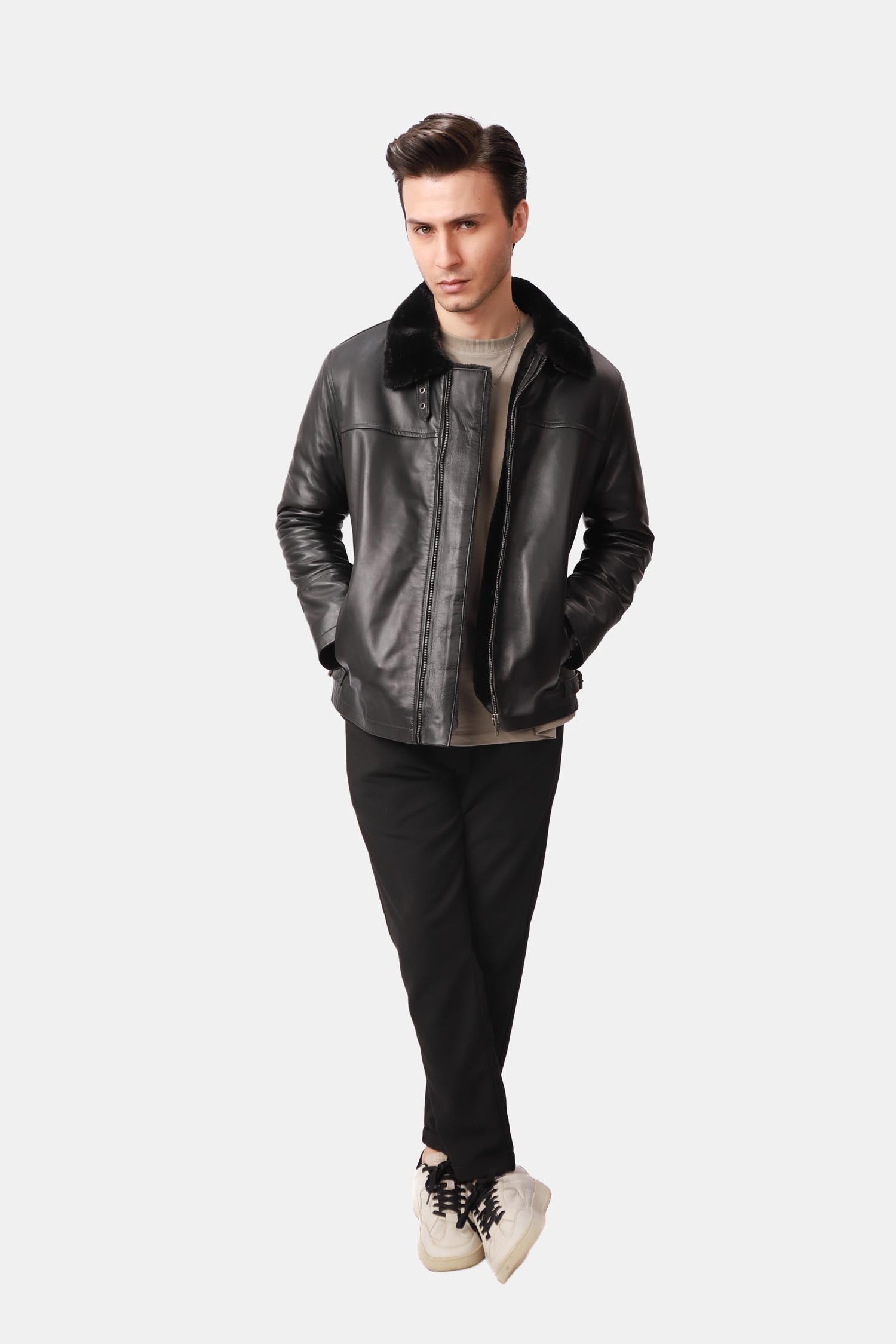 Black Shearling Aviator Leather Jacket