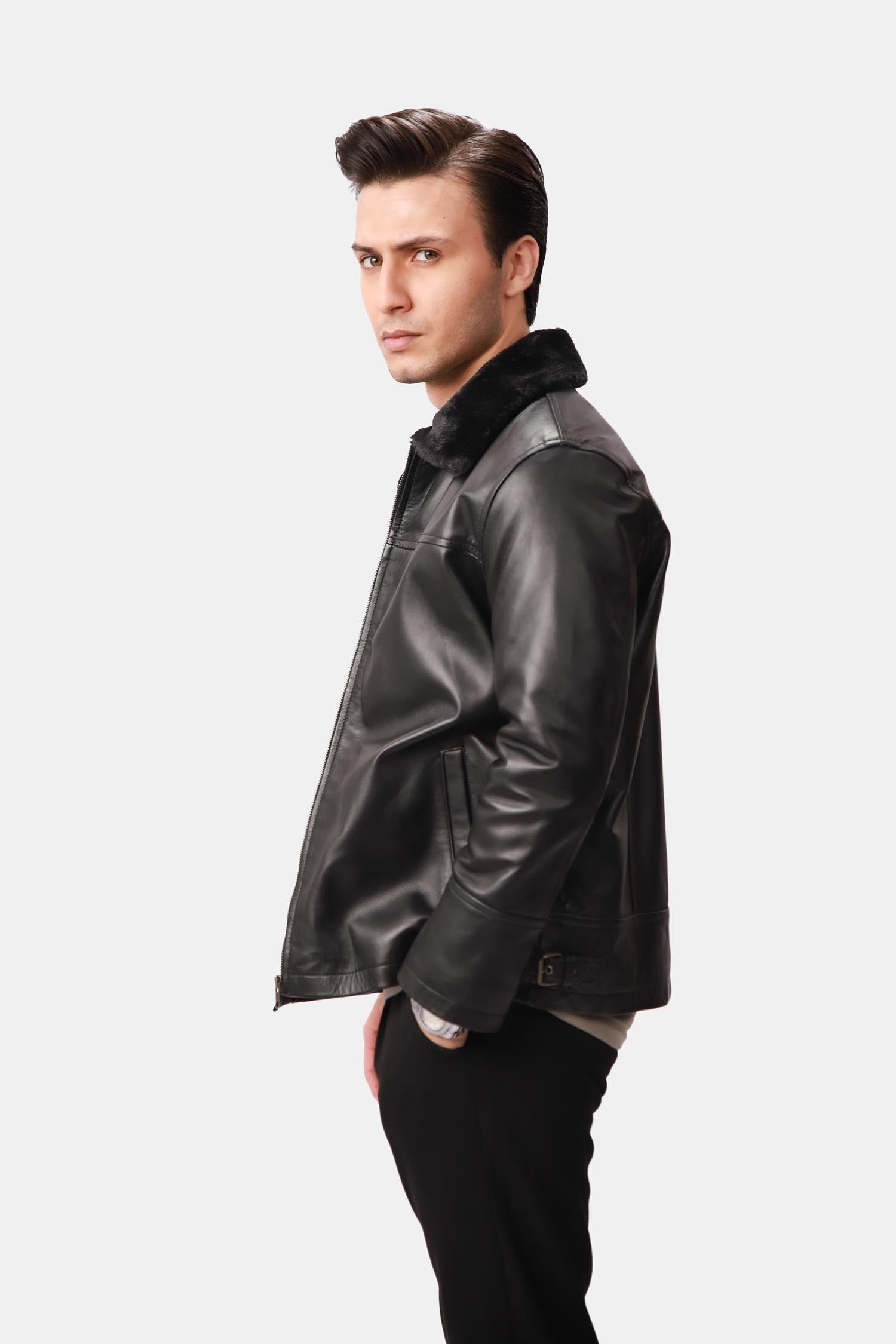 Black Shearling Aviator Leather Jacket