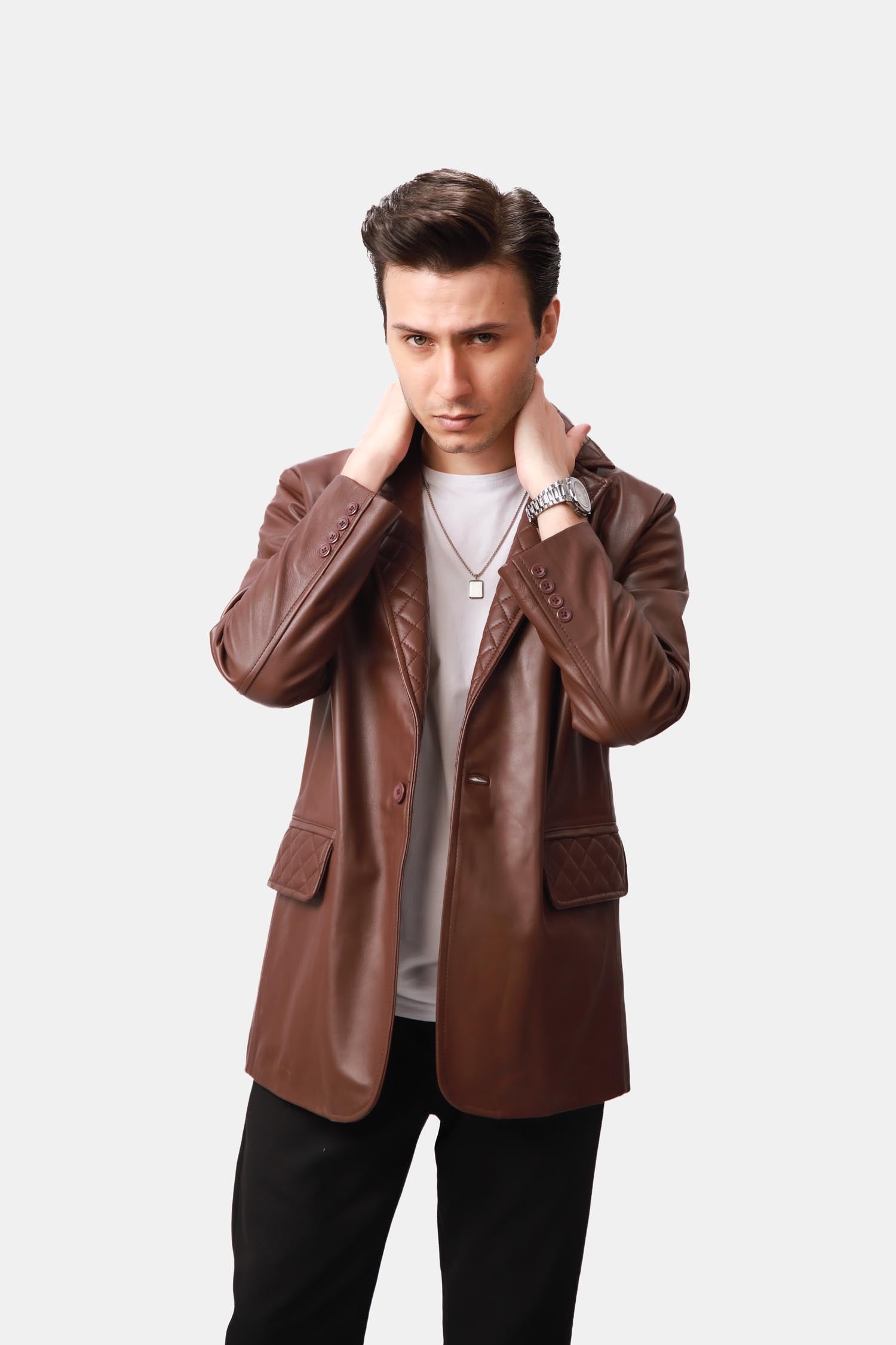 Executioner Dark Brown Quilted Leather Blazer For Men