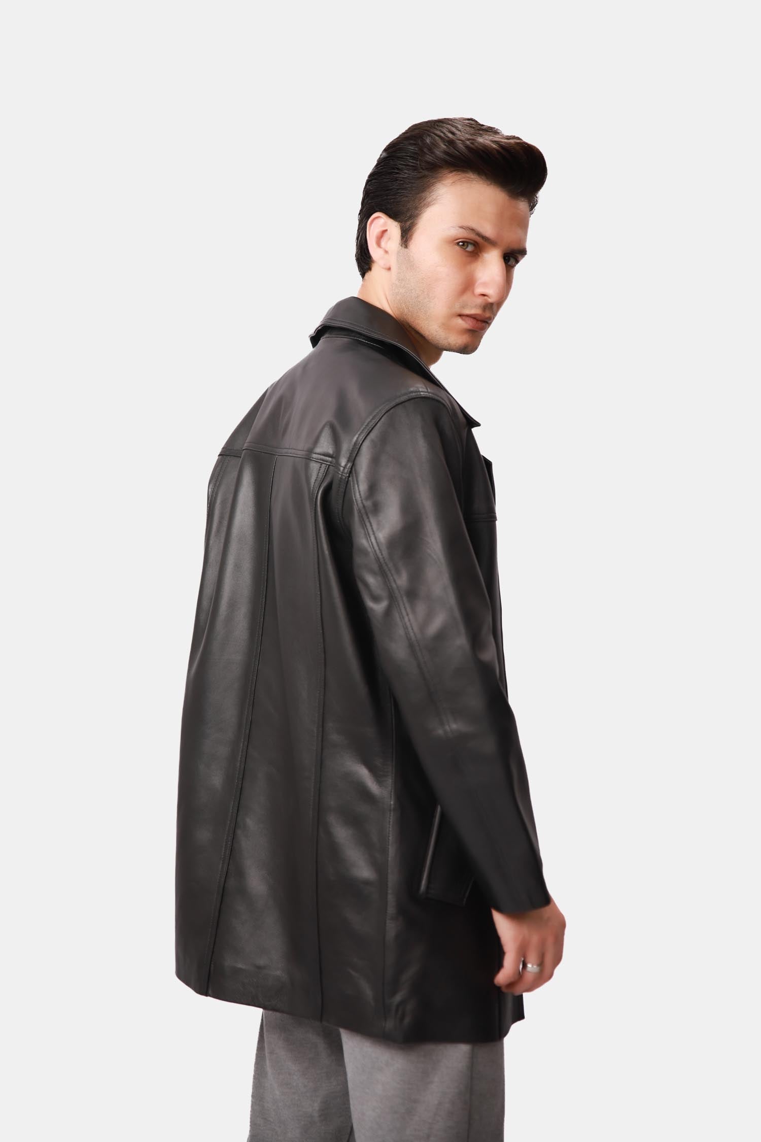 Black Single-Breasted Leather Coat
