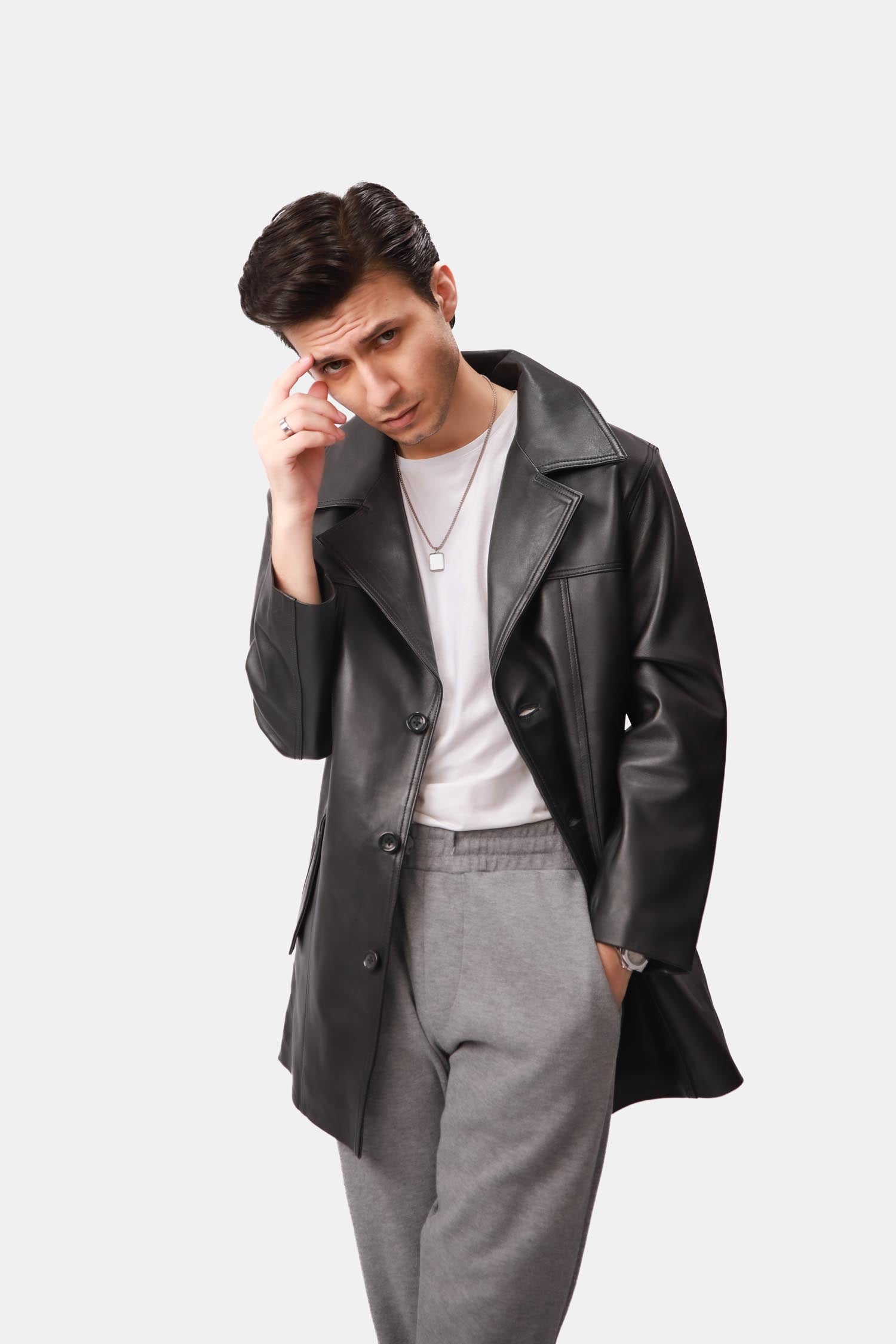 Black Single-Breasted Leather Coat
