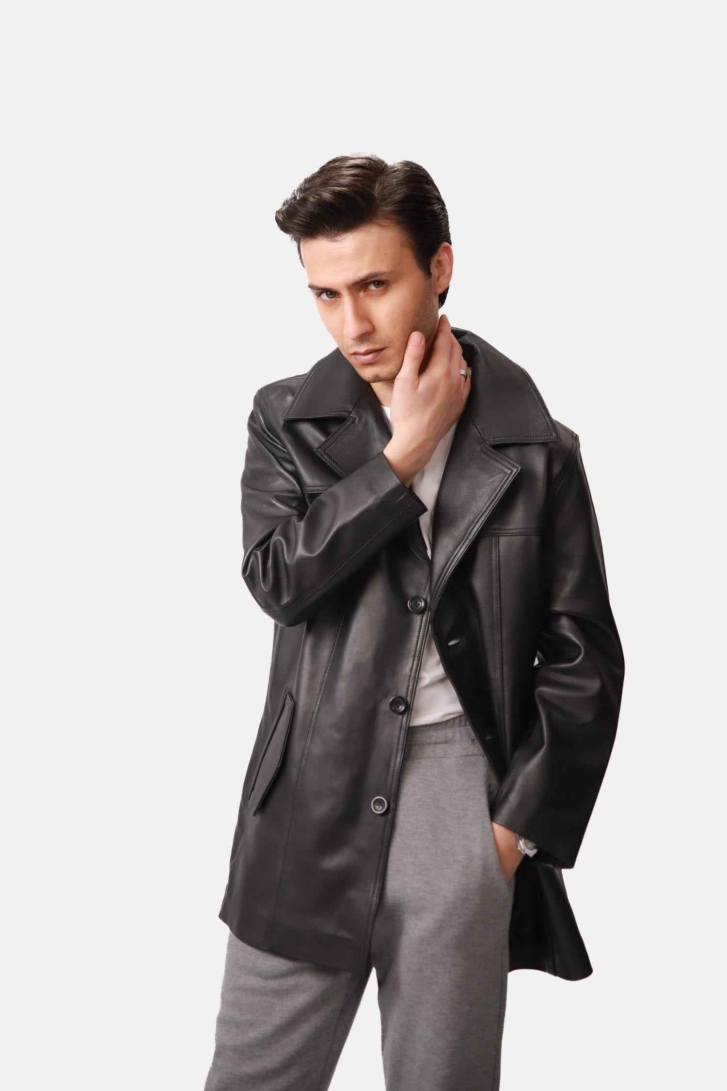 Black Single-Breasted Leather Coat