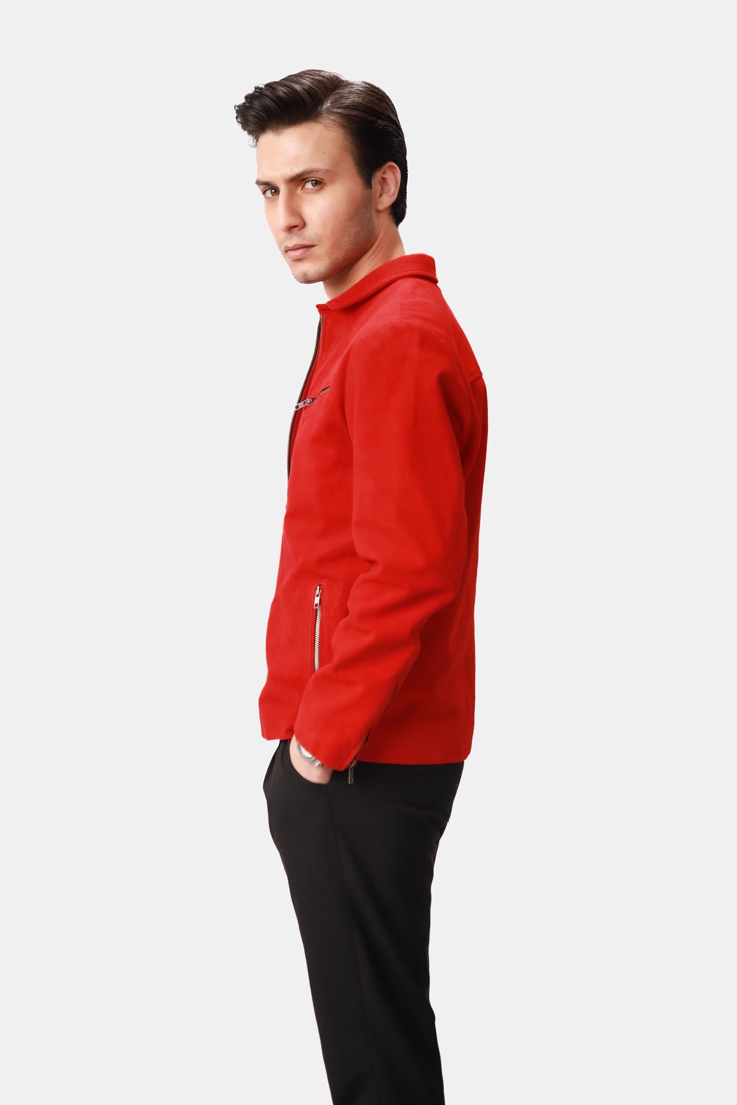 Flare Red Suede Leather Biker Style Jacket For Men