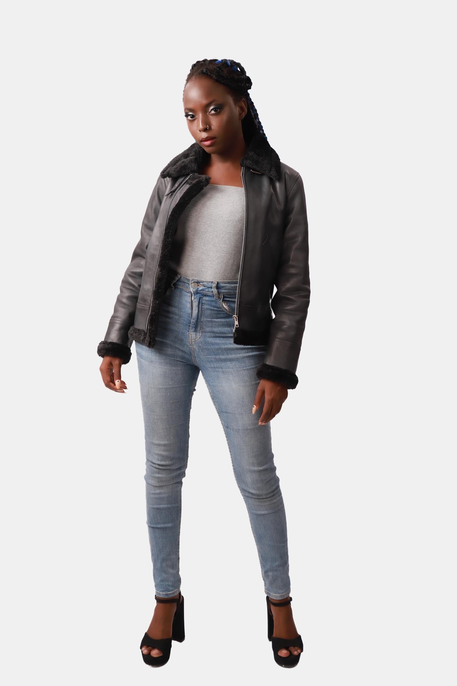 Fluffin Black B3 Bomber Shearling Leather Jacket For Women