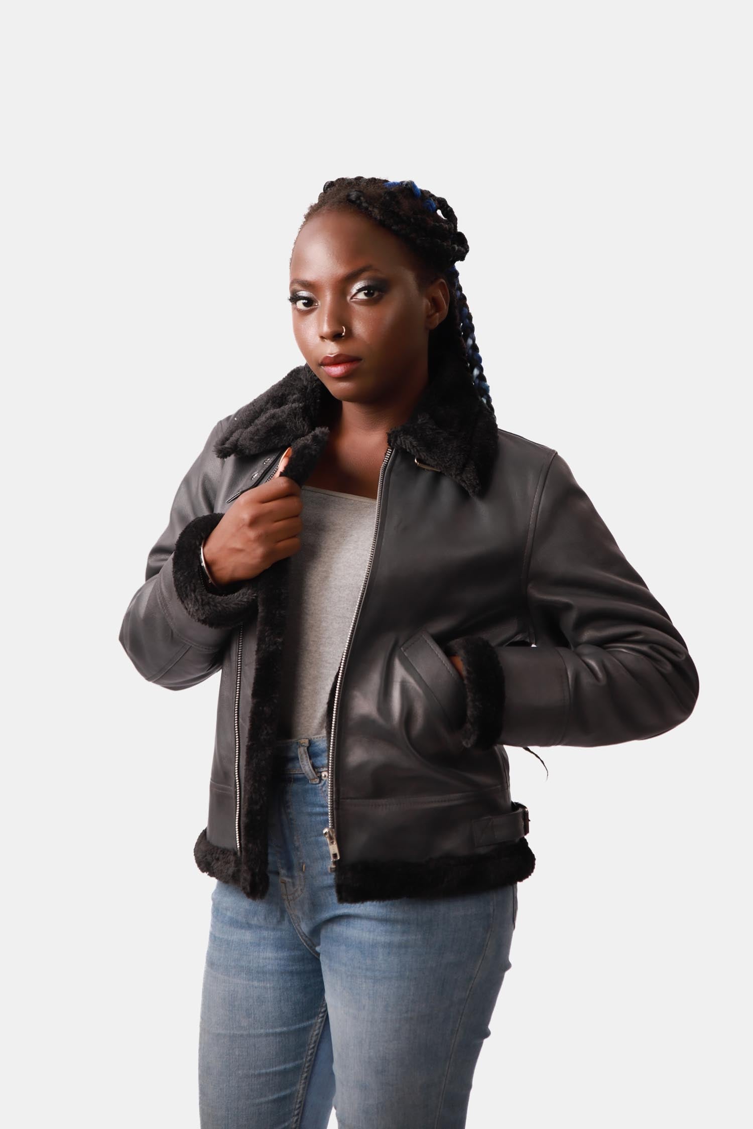 Fluffin Black B3 Bomber Shearling Leather Jacket For Women