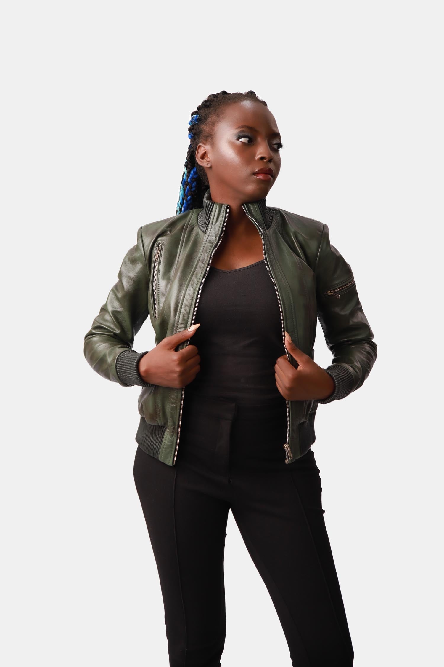 Dark Green Leather Bomber Jacket