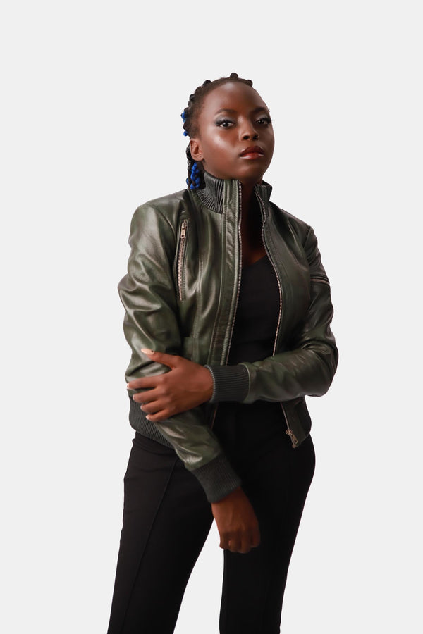 Dark Green Leather Bomber Jacket