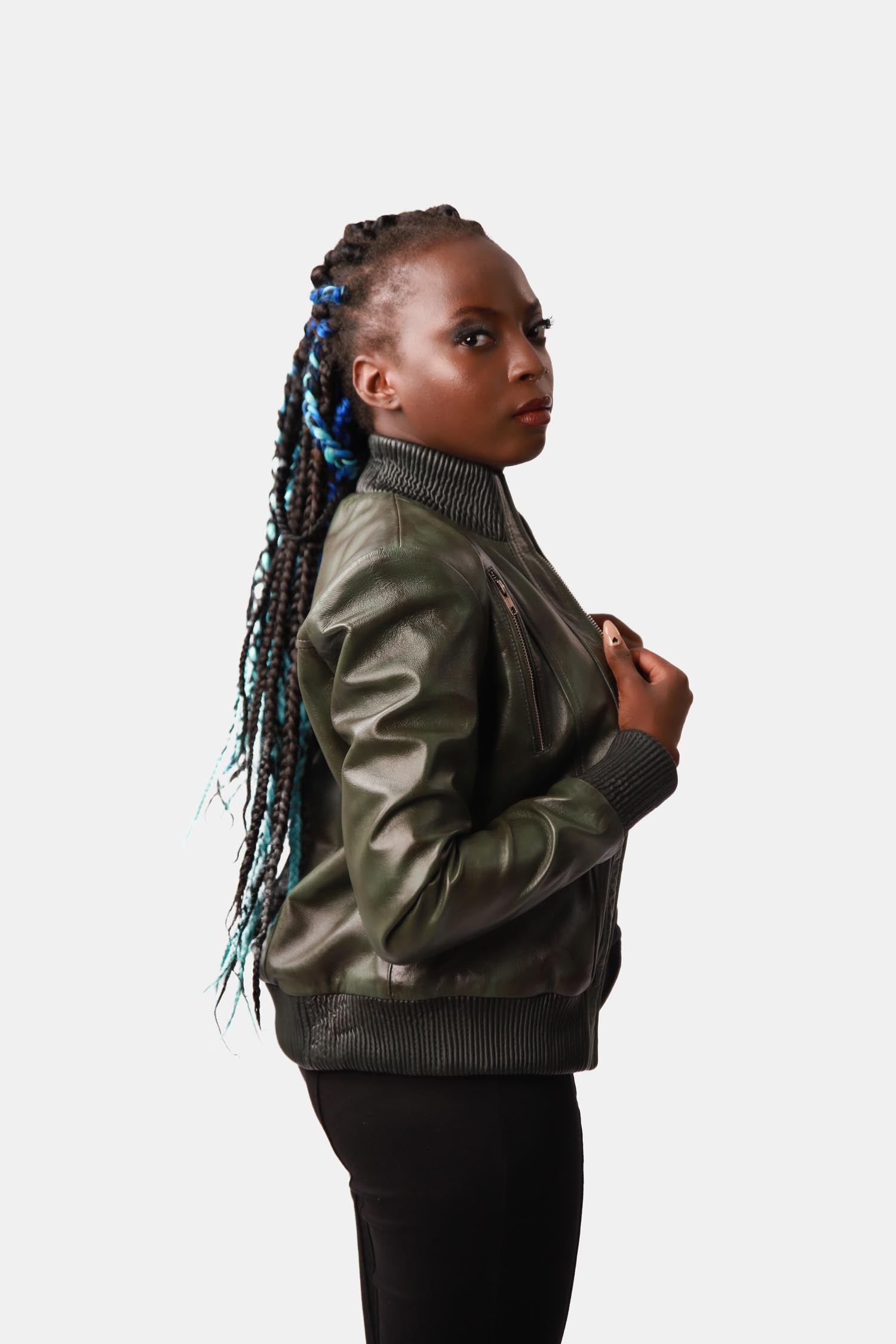 Dark Green Leather Bomber Jacket