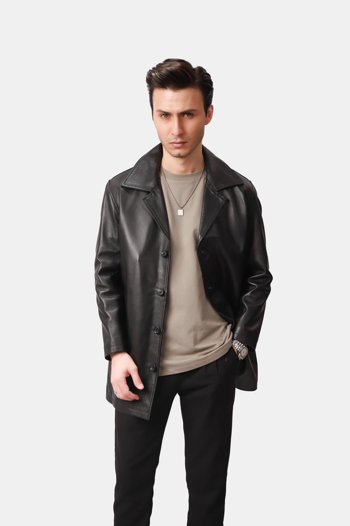 Black Leather PeaCoat