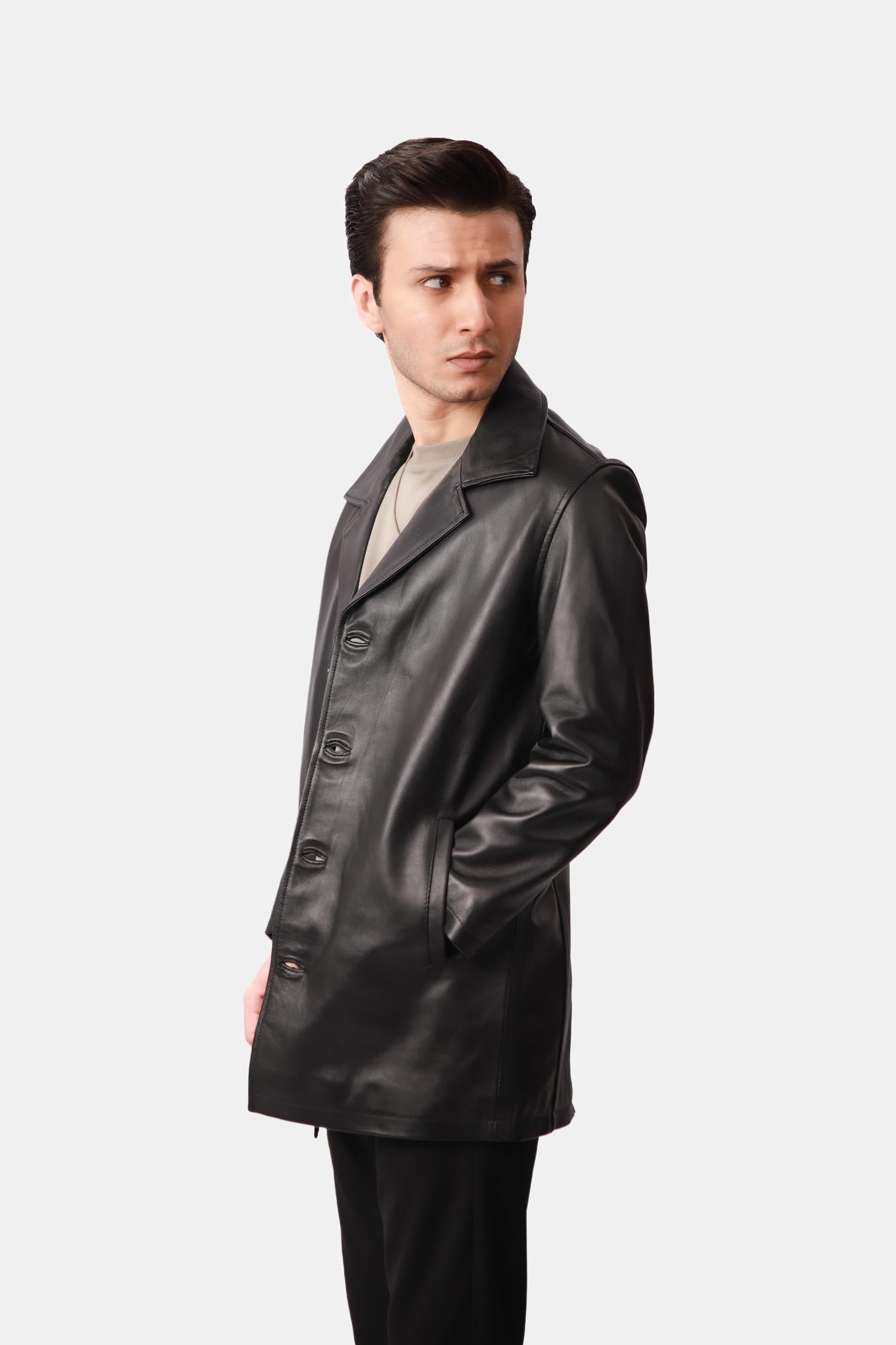 Black Leather PeaCoat