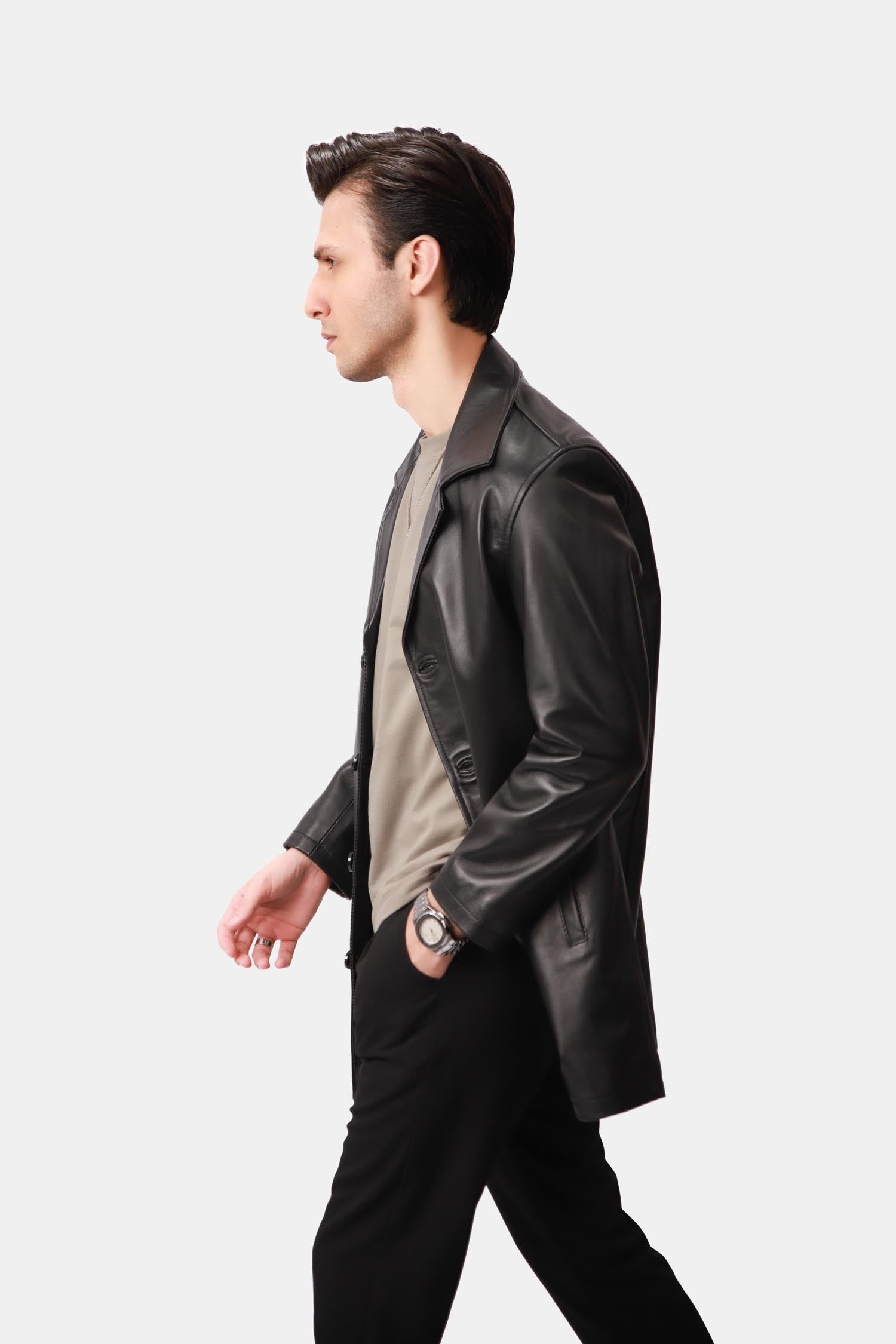 Black Leather PeaCoat