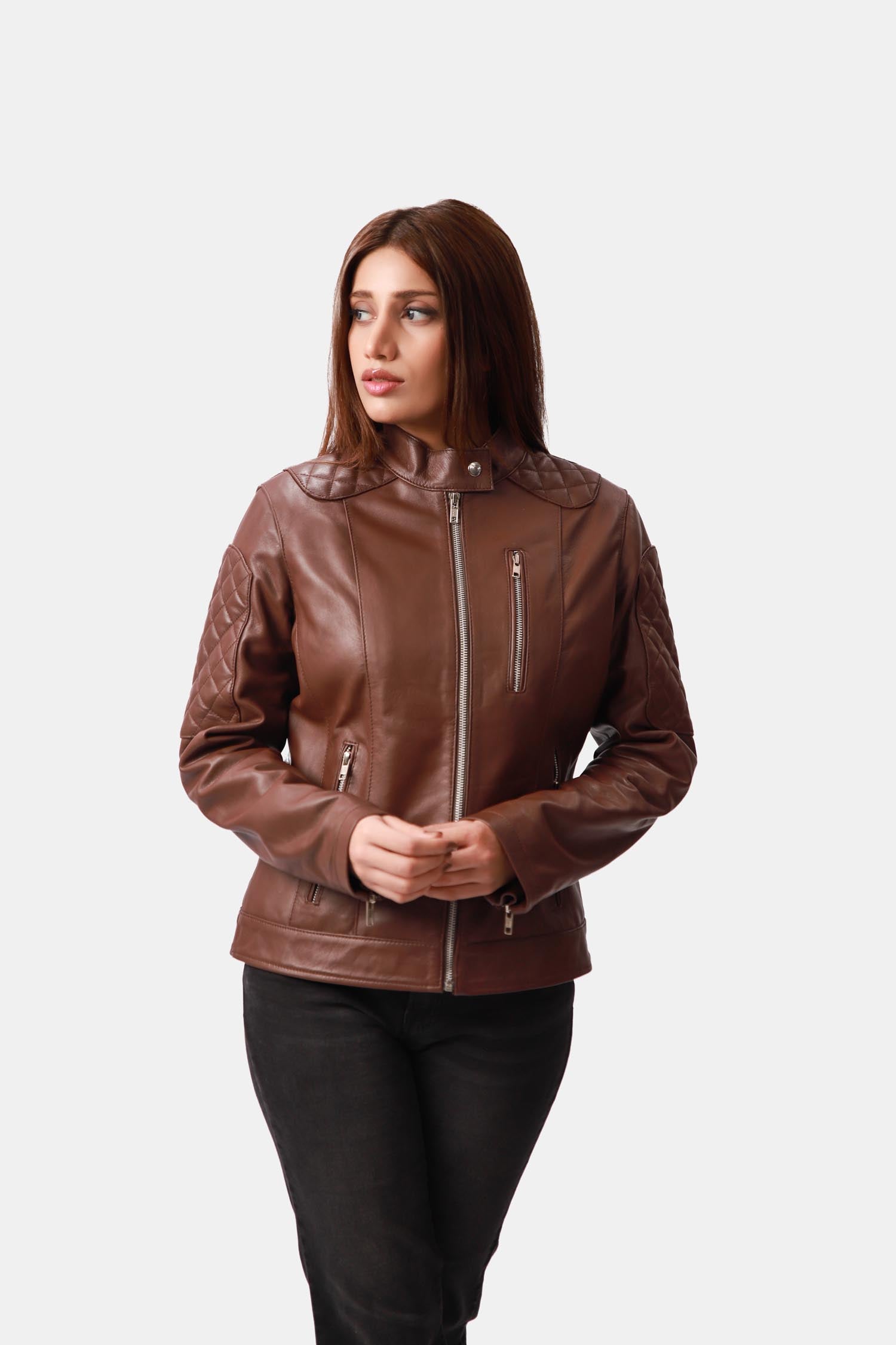 Bratz Dark Brown Quilted Leather Biker Jacket For Women