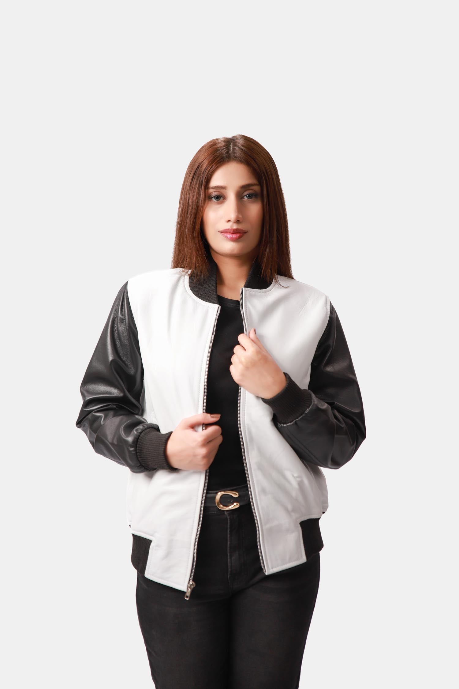 Nico White & Black Leather Bomber Jacket For Women